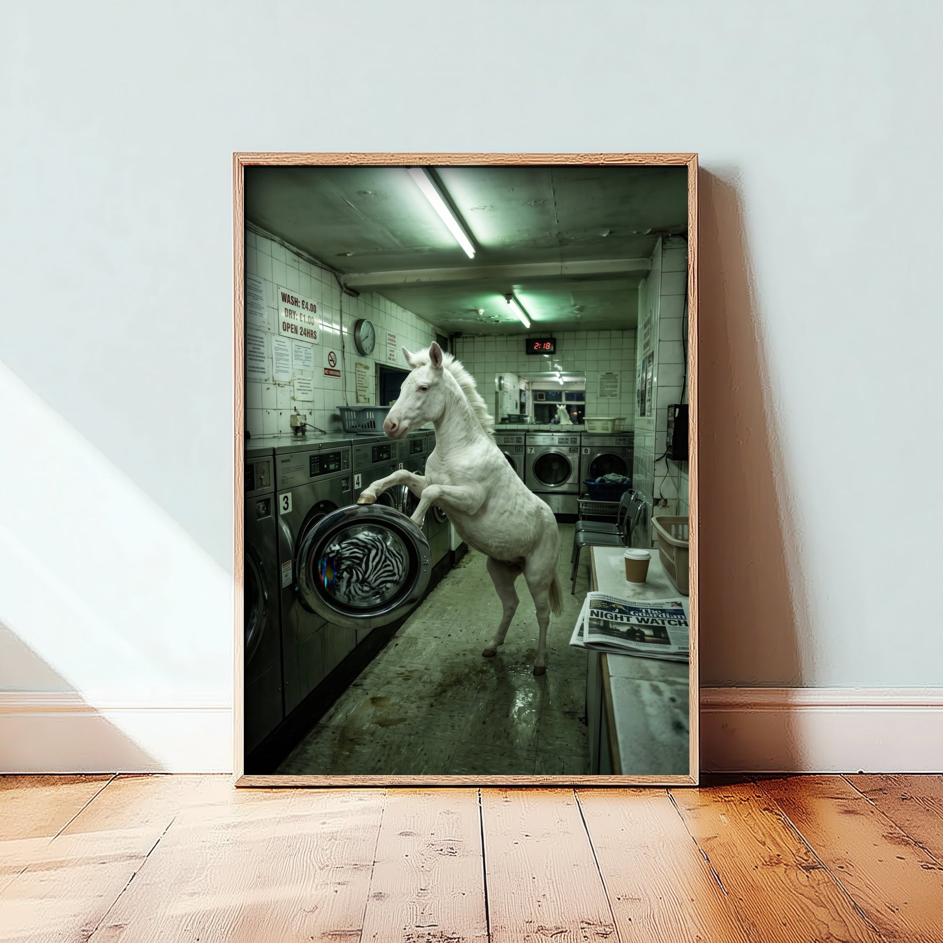 White Horse in the Launderette Photo Poster - Zebra Stripes in the Wash - Surreal Animal Art Print 2/3