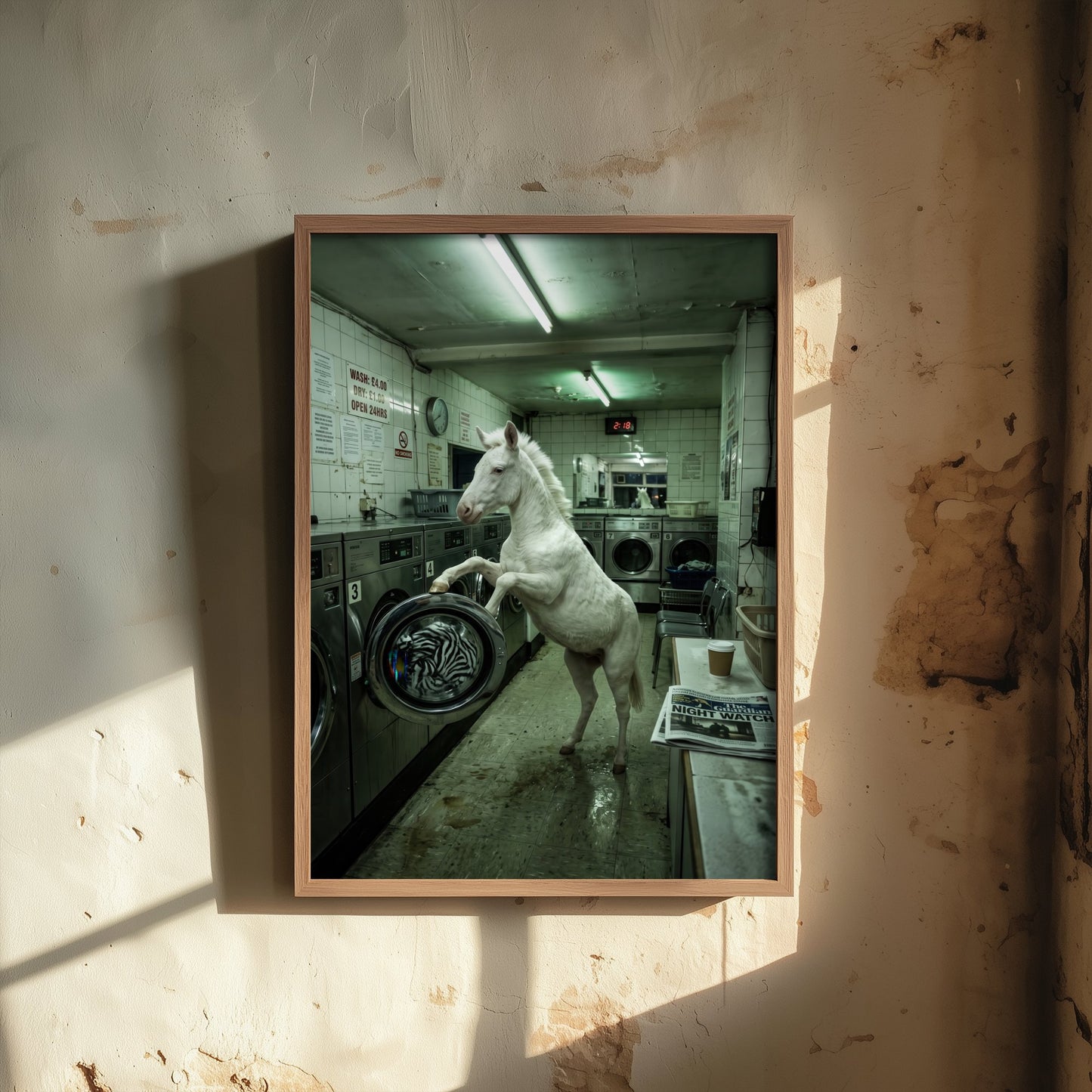 White Horse in the Launderette Photo Poster - Zebra Stripes in the Wash - Surreal Animal Art Print 2/3