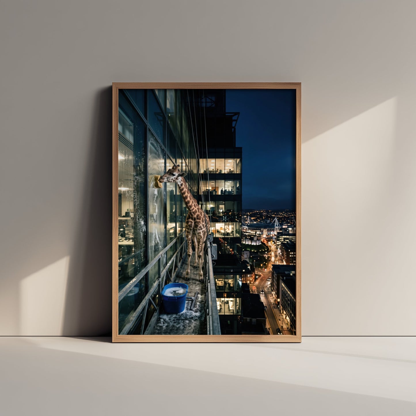 Giraffe Window Cleaner Art Print - Surreal Skyscraper Night Photo Poster - City Lights High Rise Animal 3/3