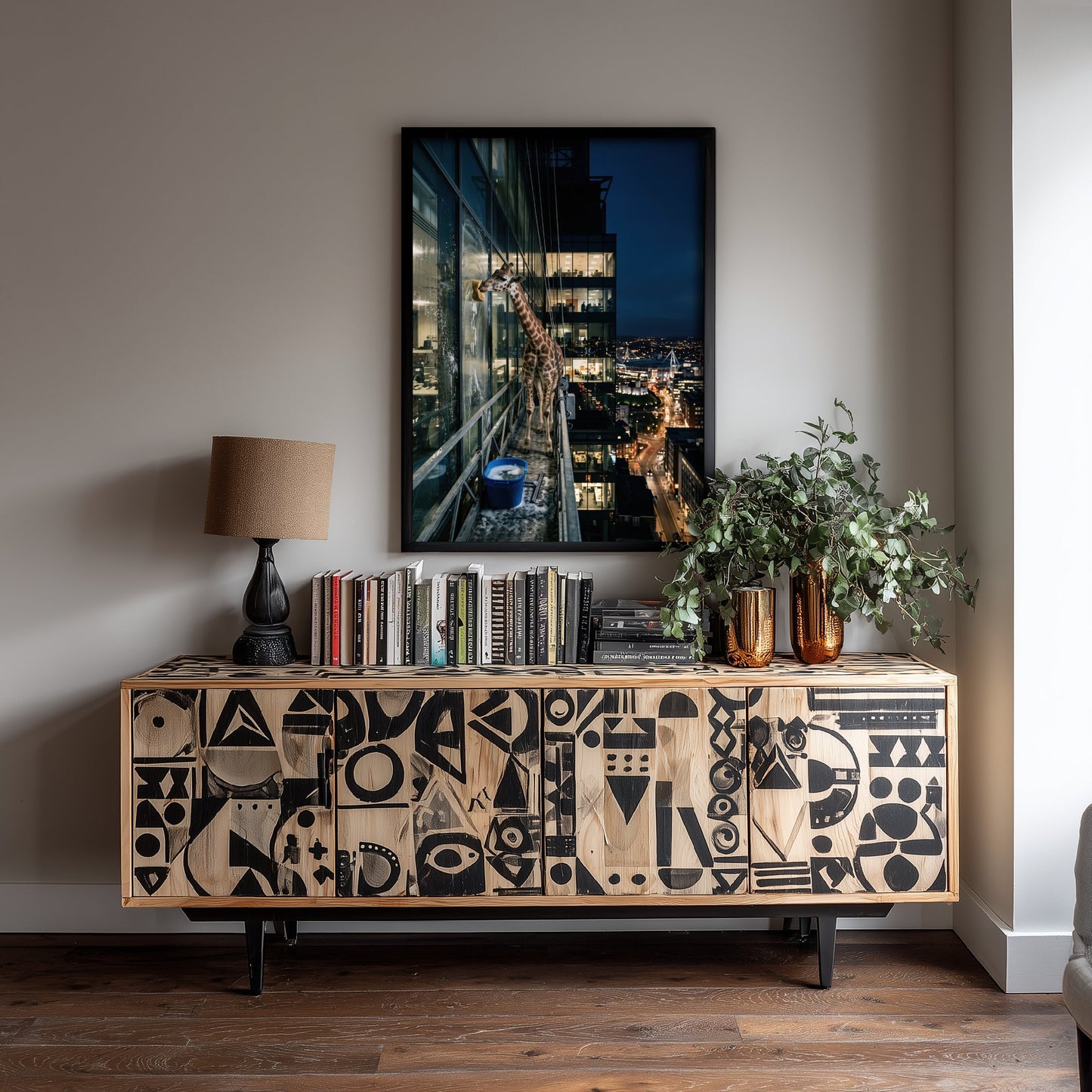 Giraffe Window Cleaner Art Print - Surreal Skyscraper Night Photo Poster - City Lights High Rise Animal 3/3