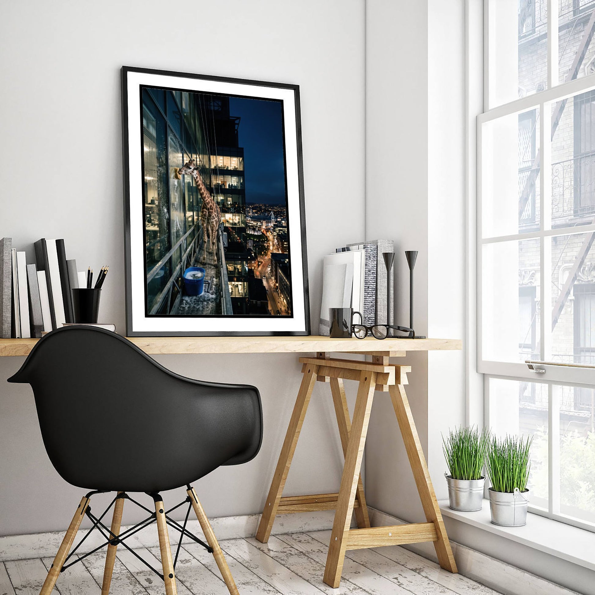 Giraffe Window Cleaner Art Print - Surreal Skyscraper Night Photo Poster - City Lights High Rise Animal 3/3