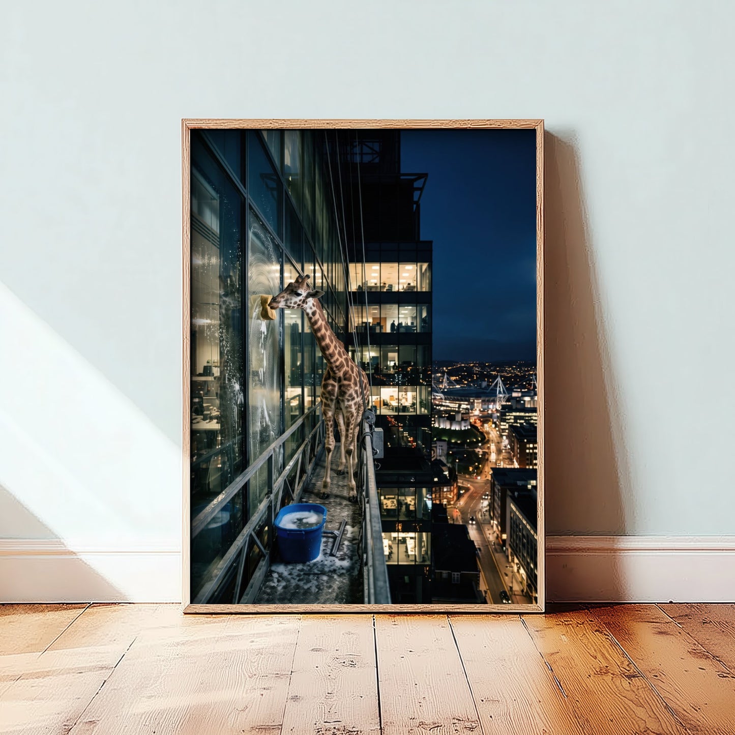 Giraffe Window Cleaner Art Print - Surreal Skyscraper Night Photo Poster - City Lights High Rise Animal 3/3