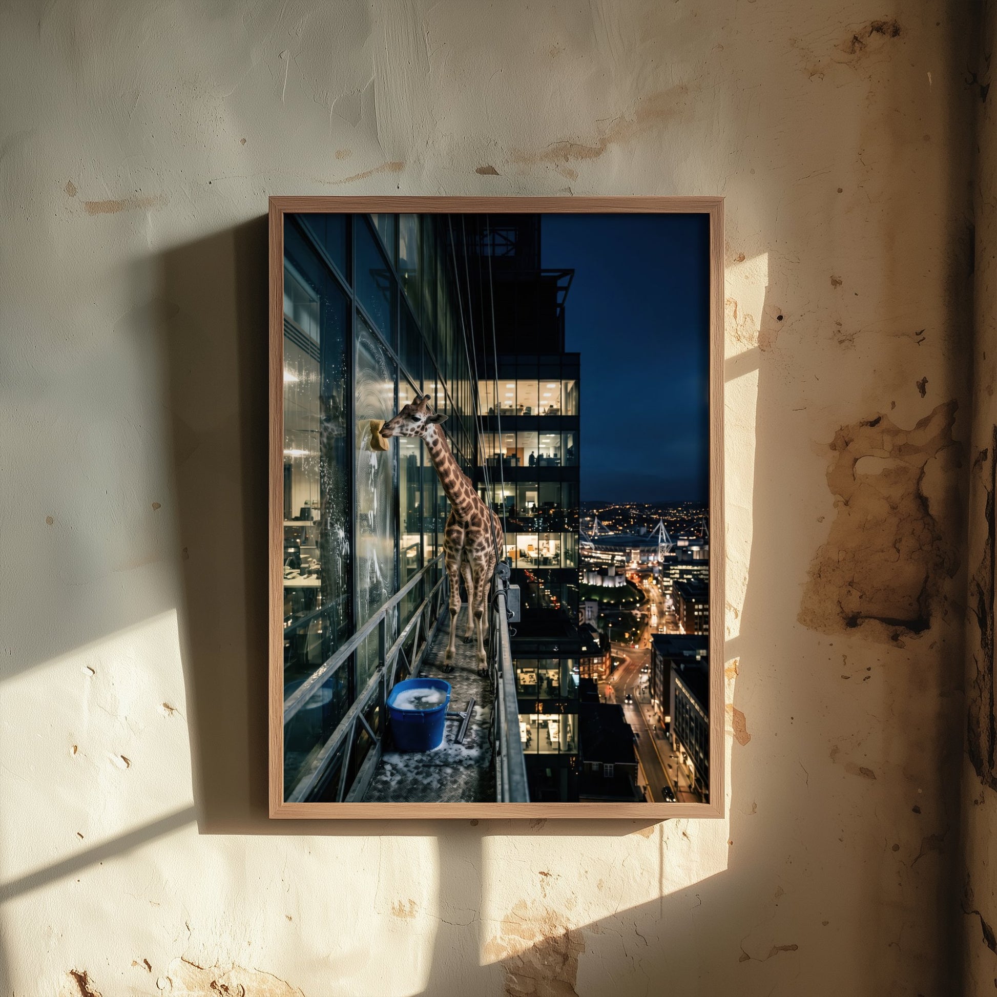 Giraffe Window Cleaner Art Print - Surreal Skyscraper Night Photo Poster - City Lights High Rise Animal 3/3