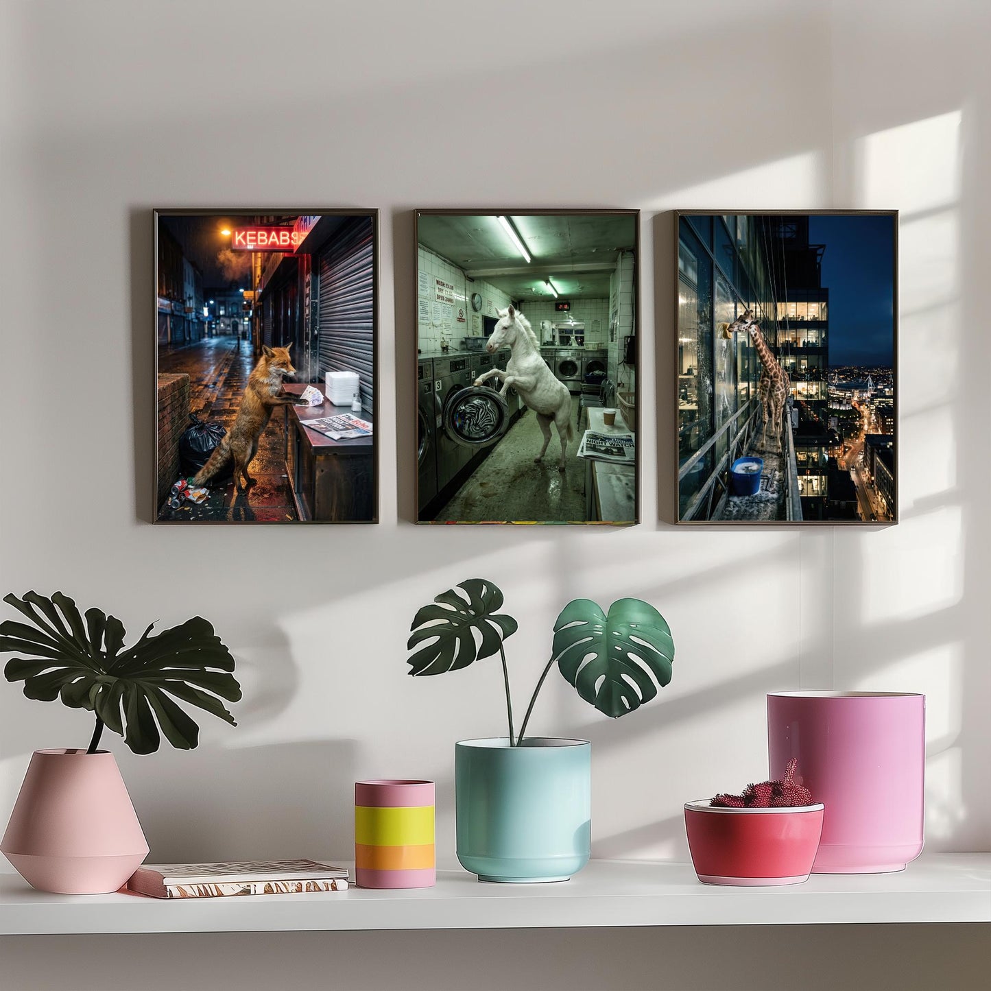 Animal Night Shift Set of Three Art Prints - Fox at the Kebab Shop, Horse in the Launderette, Giraffe Window Cleaner - Photo Posters