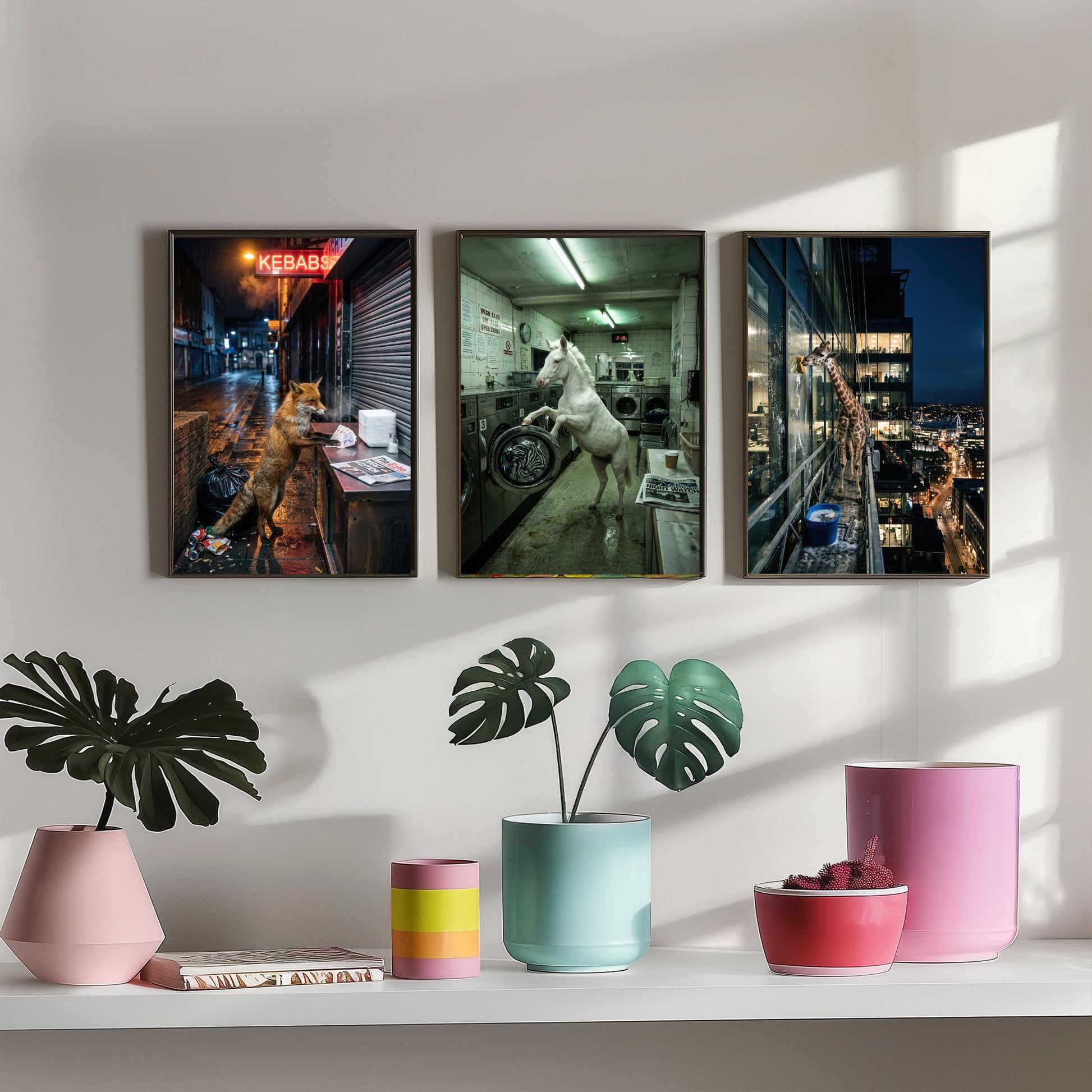 Animal Night Shift Set of Three Art Prints - Fox at the Kebab Shop, Horse in the Launderette, Giraffe Window Cleaner - Photo Posters