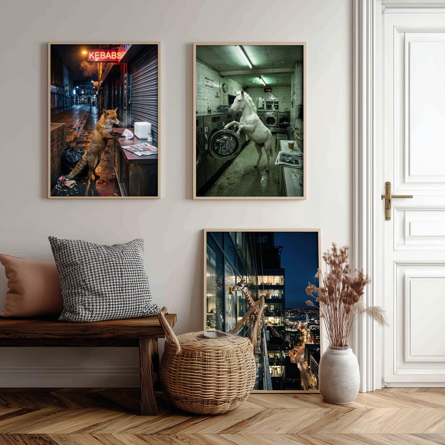 Animal Night Shift Set of Three Art Prints - Fox at the Kebab Shop, Horse in the Launderette, Giraffe Window Cleaner - Photo Posters