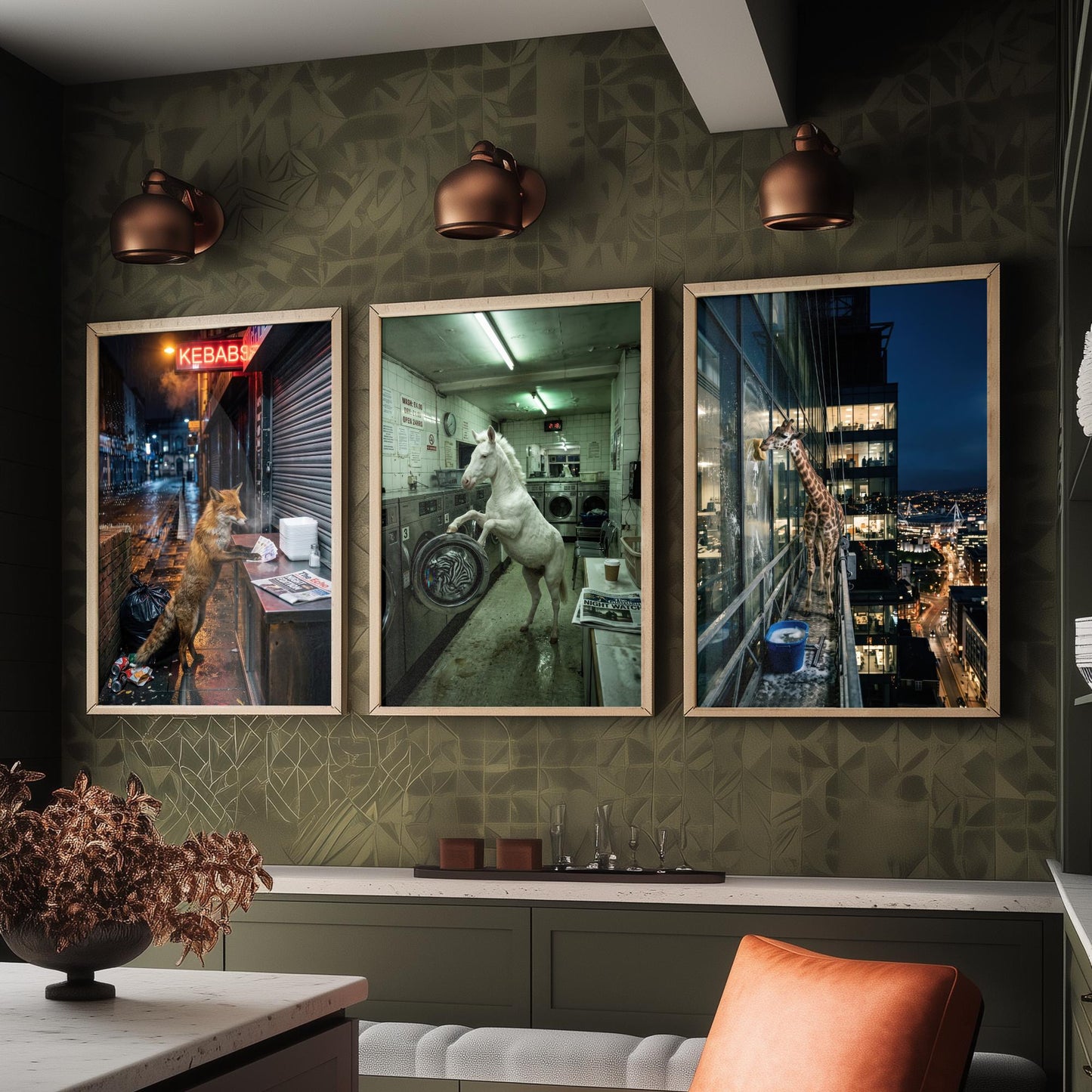 Animal Night Shift Set of Three Art Prints - Fox at the Kebab Shop, Horse in the Launderette, Giraffe Window Cleaner - Photo Posters