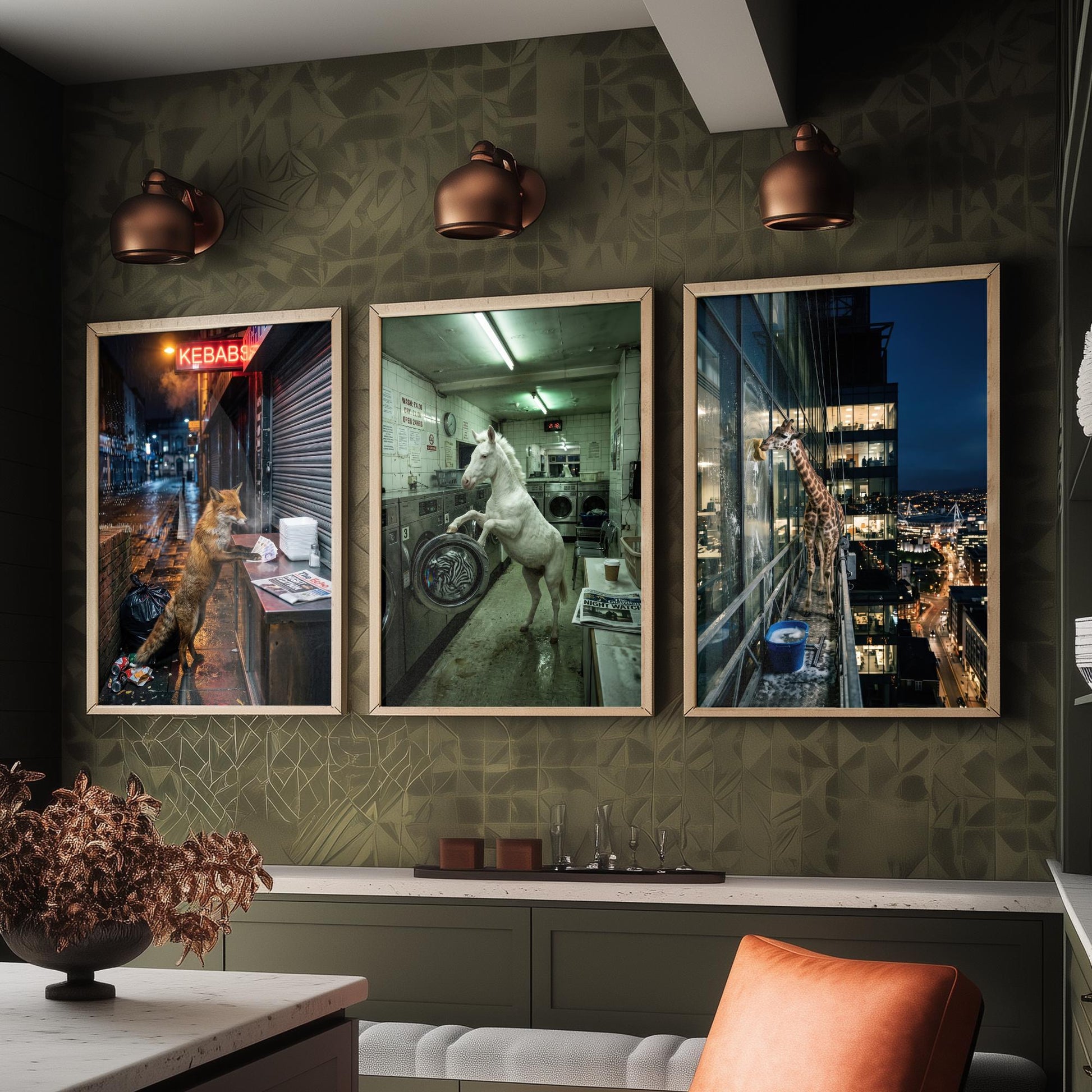 Animal Night Shift Set of Three Art Prints - Fox at the Kebab Shop, Horse in the Launderette, Giraffe Window Cleaner - Photo Posters