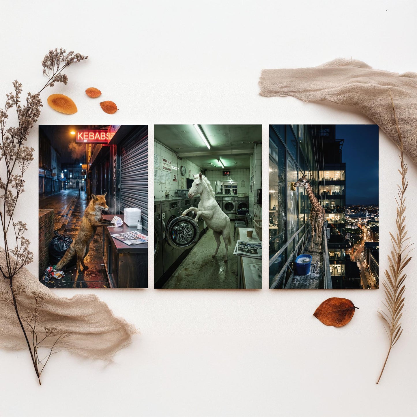 Animal Night Shift Set of Three Art Prints - Fox at the Kebab Shop, Horse in the Launderette, Giraffe Window Cleaner - Photo Posters