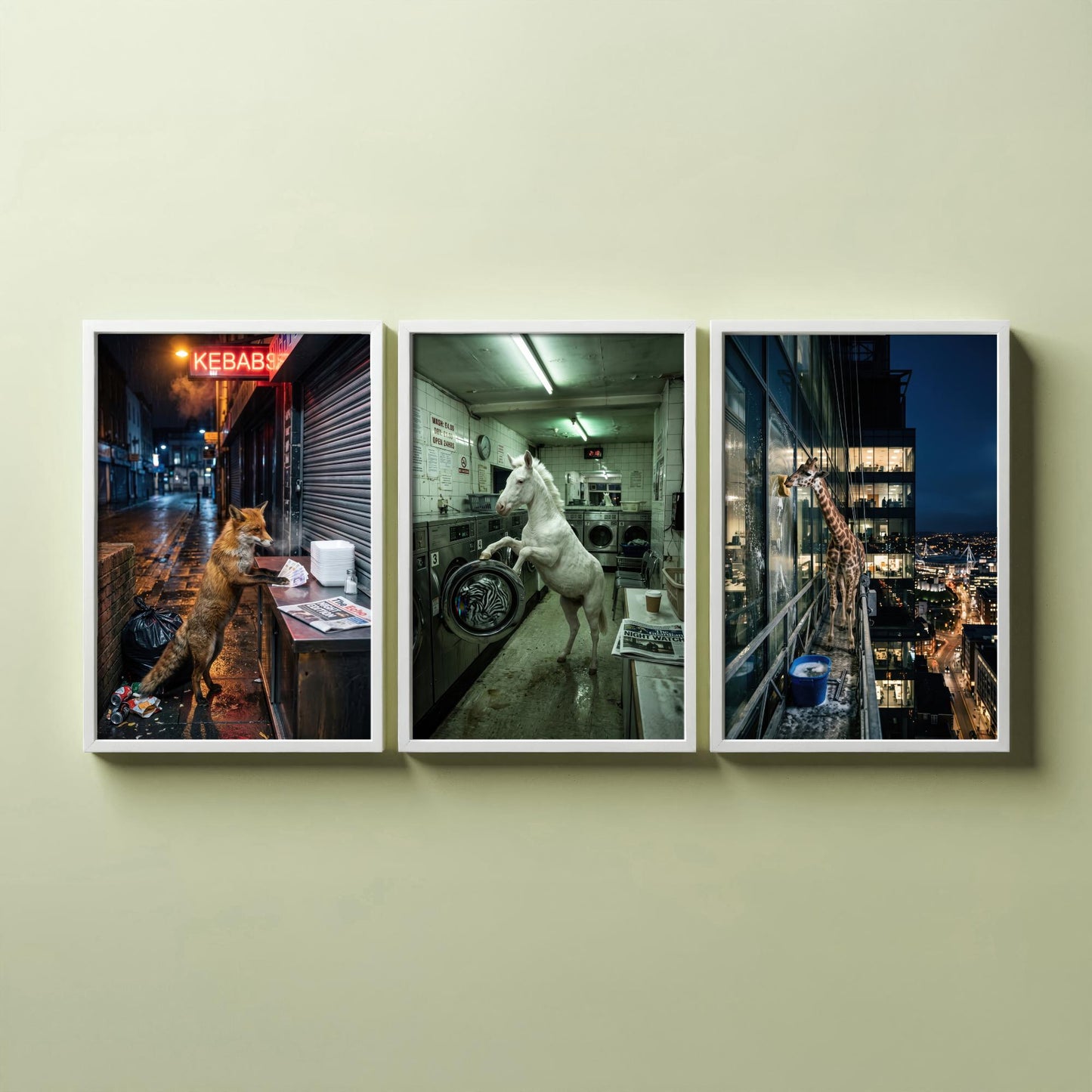 Animal Night Shift Set of Three Art Prints - Fox at the Kebab Shop, Horse in the Launderette, Giraffe Window Cleaner - Photo Posters