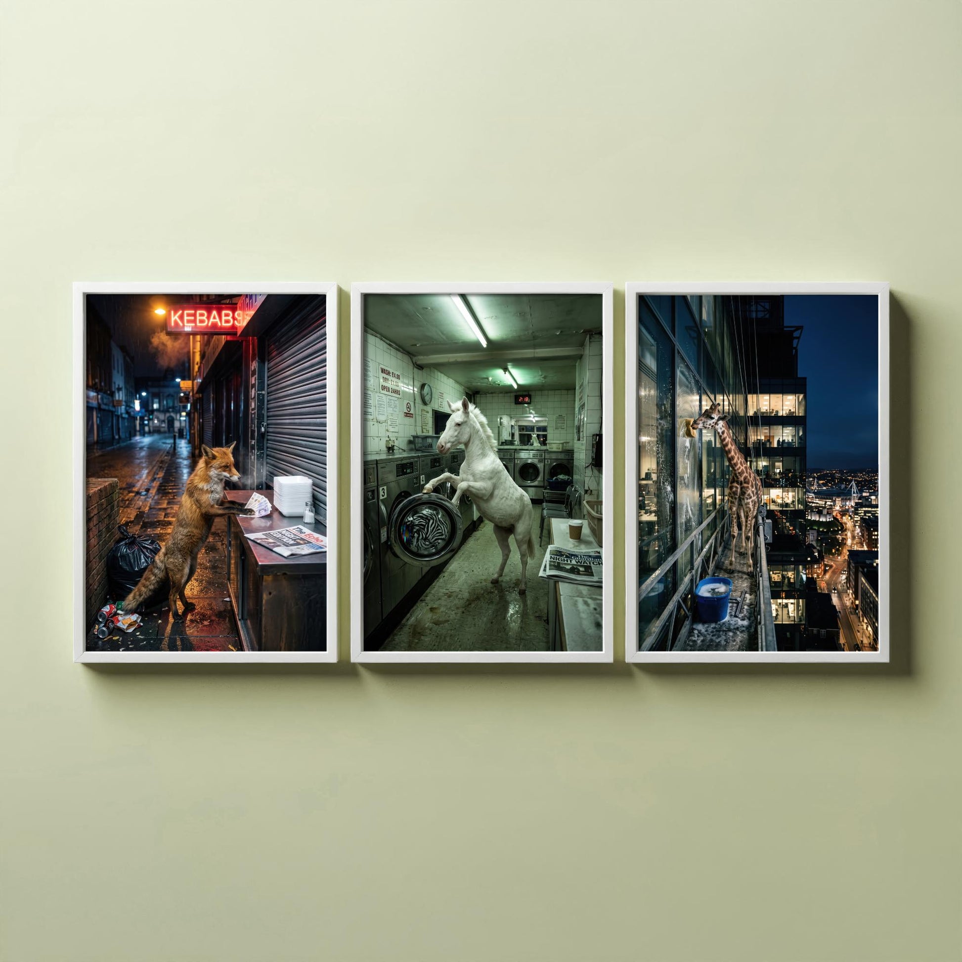 Animal Night Shift Set of Three Art Prints - Fox at the Kebab Shop, Horse in the Launderette, Giraffe Window Cleaner - Photo Posters