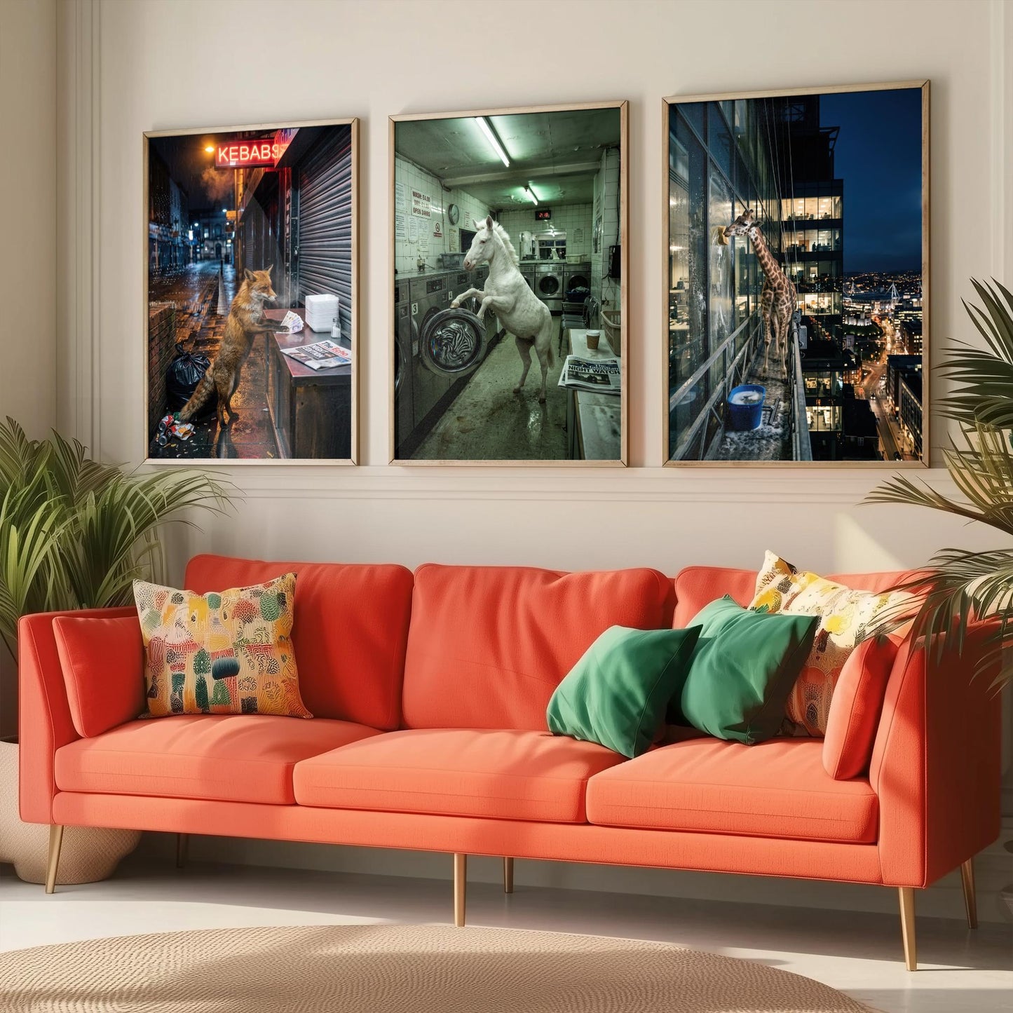 Animal Night Shift Set of Three Art Prints - Fox at the Kebab Shop, Horse in the Launderette, Giraffe Window Cleaner - Photo Posters