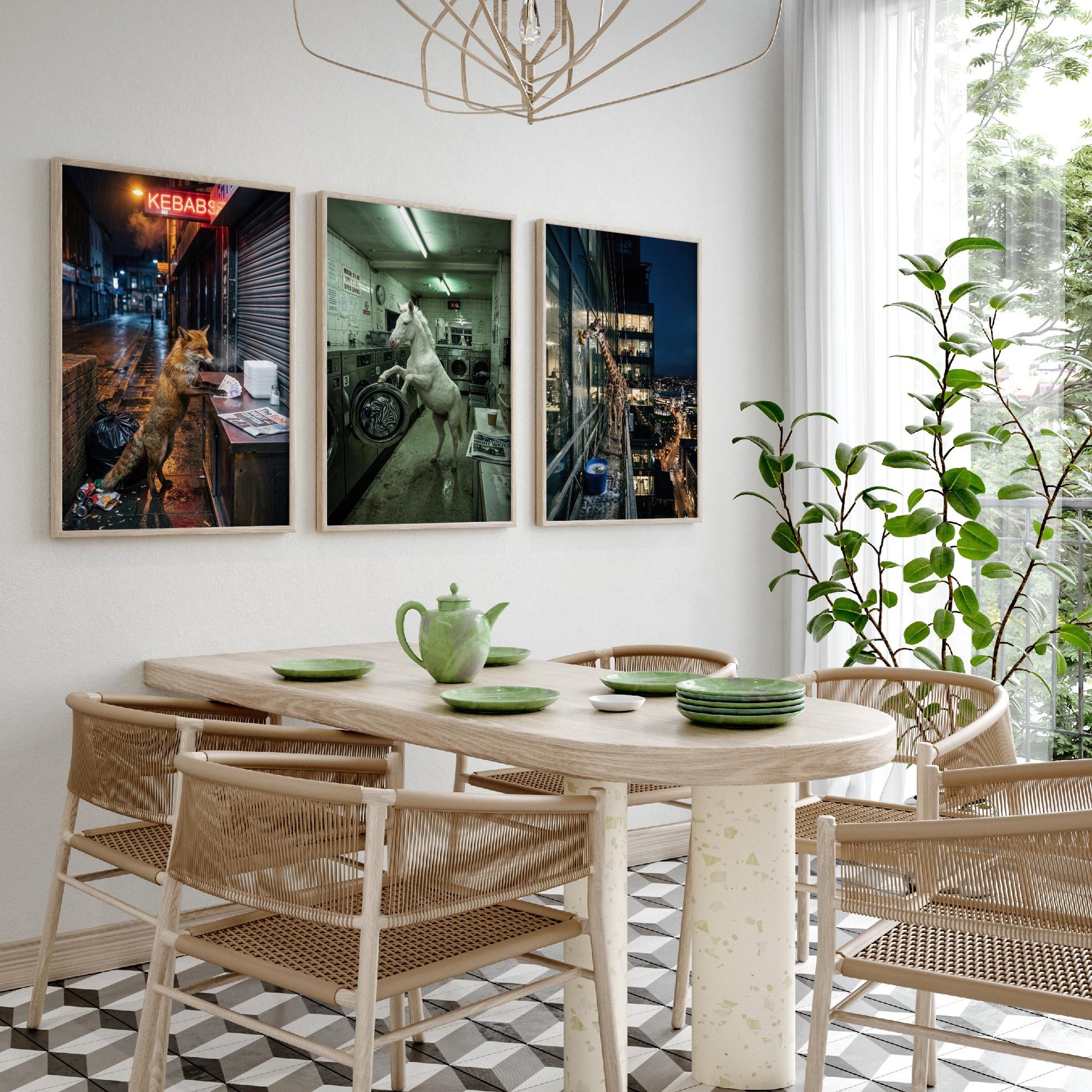 Animal Night Shift Set of Three Art Prints - Fox at the Kebab Shop, Horse in the Launderette, Giraffe Window Cleaner - Photo Posters