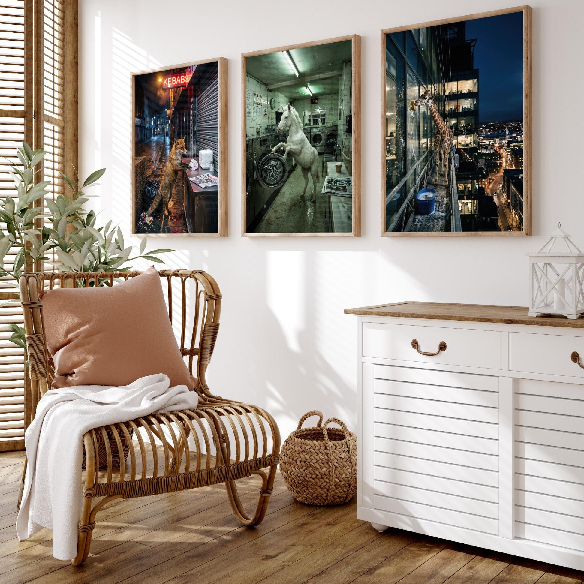Animal Night Shift Set of Three Art Prints - Fox at the Kebab Shop, Horse in the Launderette, Giraffe Window Cleaner - Photo Posters
