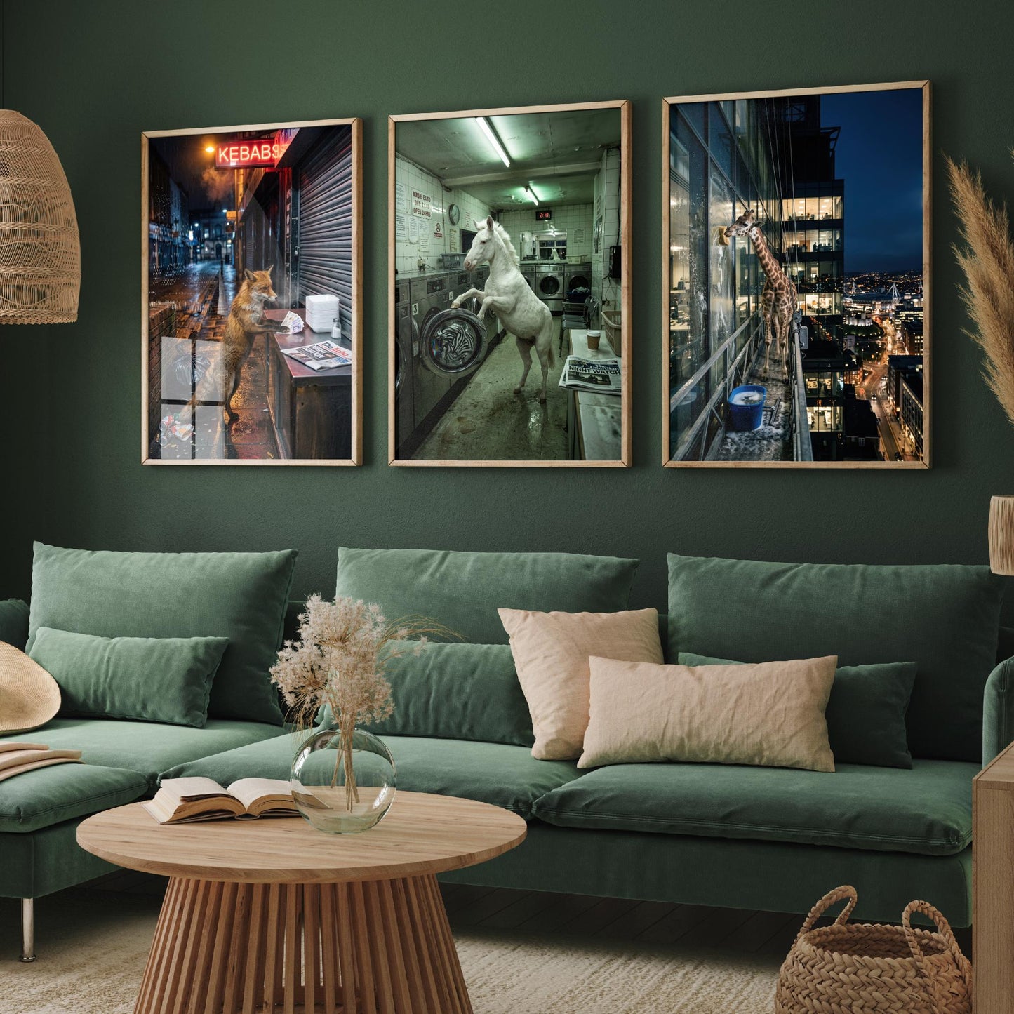 Animal Night Shift Set of Three Art Prints - Fox at the Kebab Shop, Horse in the Launderette, Giraffe Window Cleaner - Photo Posters