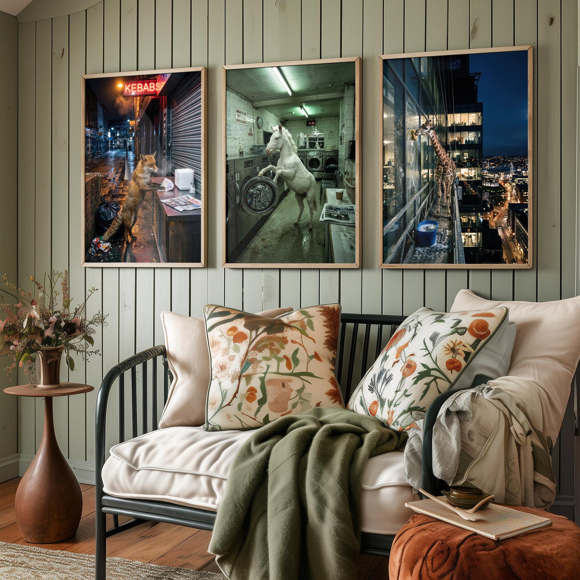 Animal Night Shift Set of Three Art Prints - Fox at the Kebab Shop, Horse in the Launderette, Giraffe Window Cleaner - Photo Posters