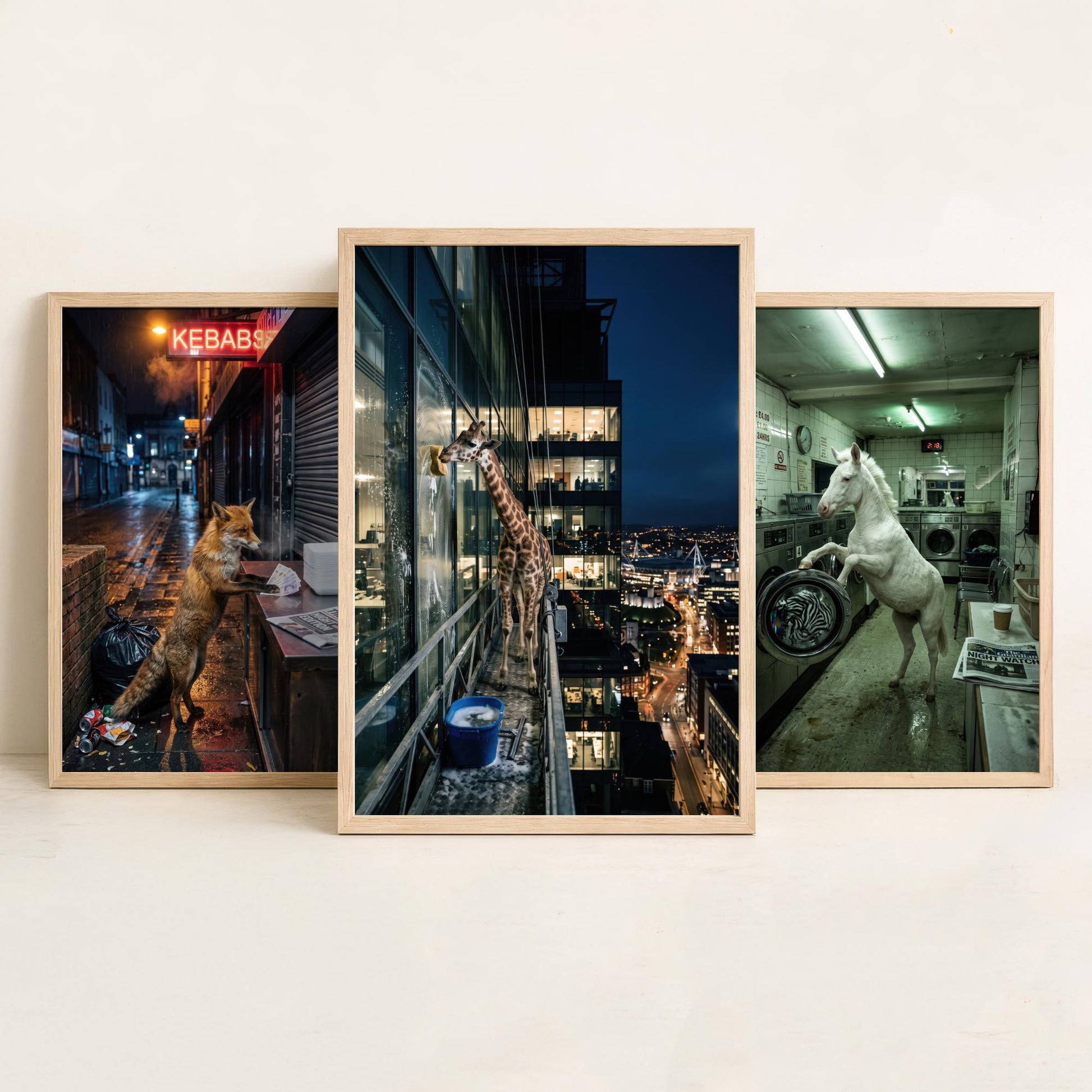 Animal Night Shift Set of Three Art Prints - Fox at the Kebab Shop, Horse in the Launderette, Giraffe Window Cleaner - Photo Posters