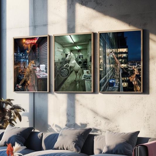 Animal Night Shift Set of Three Art Prints - Fox at the Kebab Shop, Horse in the Launderette, Giraffe Window Cleaner - Photo Posters