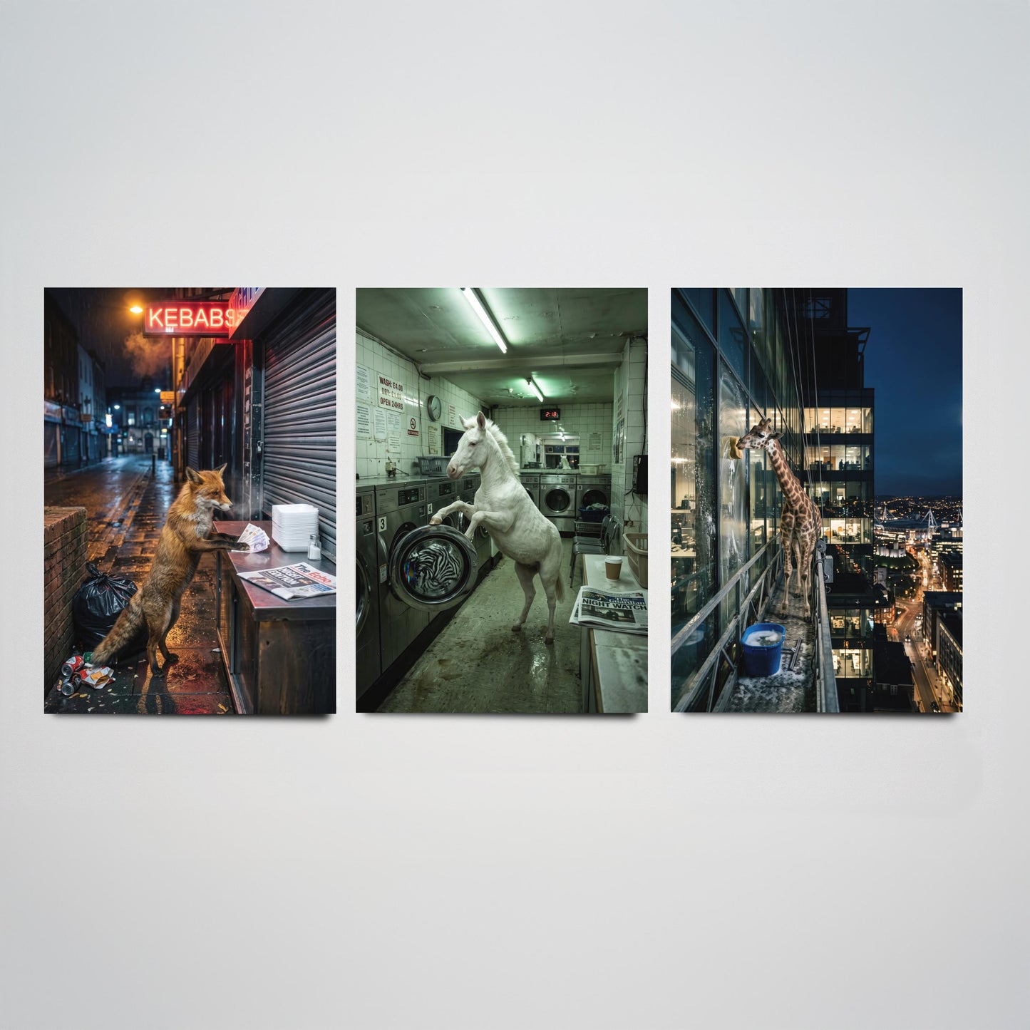 Animal Night Shift Set of Three Art Prints - Fox at the Kebab Shop, Horse in the Launderette, Giraffe Window Cleaner - Photo Posters