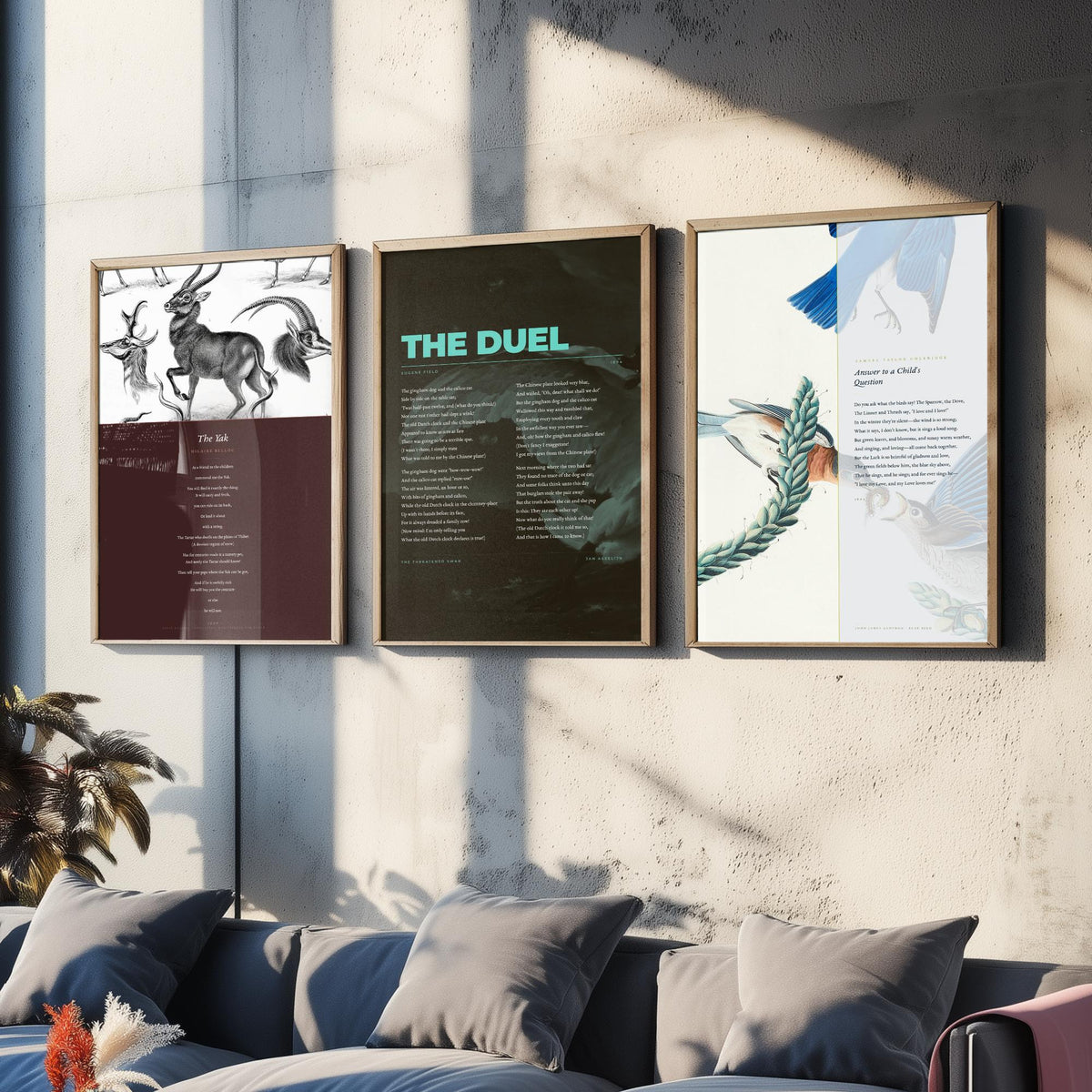 Animal Poems Set of Three Art Prints - The Yak, The Duel, Answer to a Childs Question - Poems over Classic Illustrations - Poetry Poster
