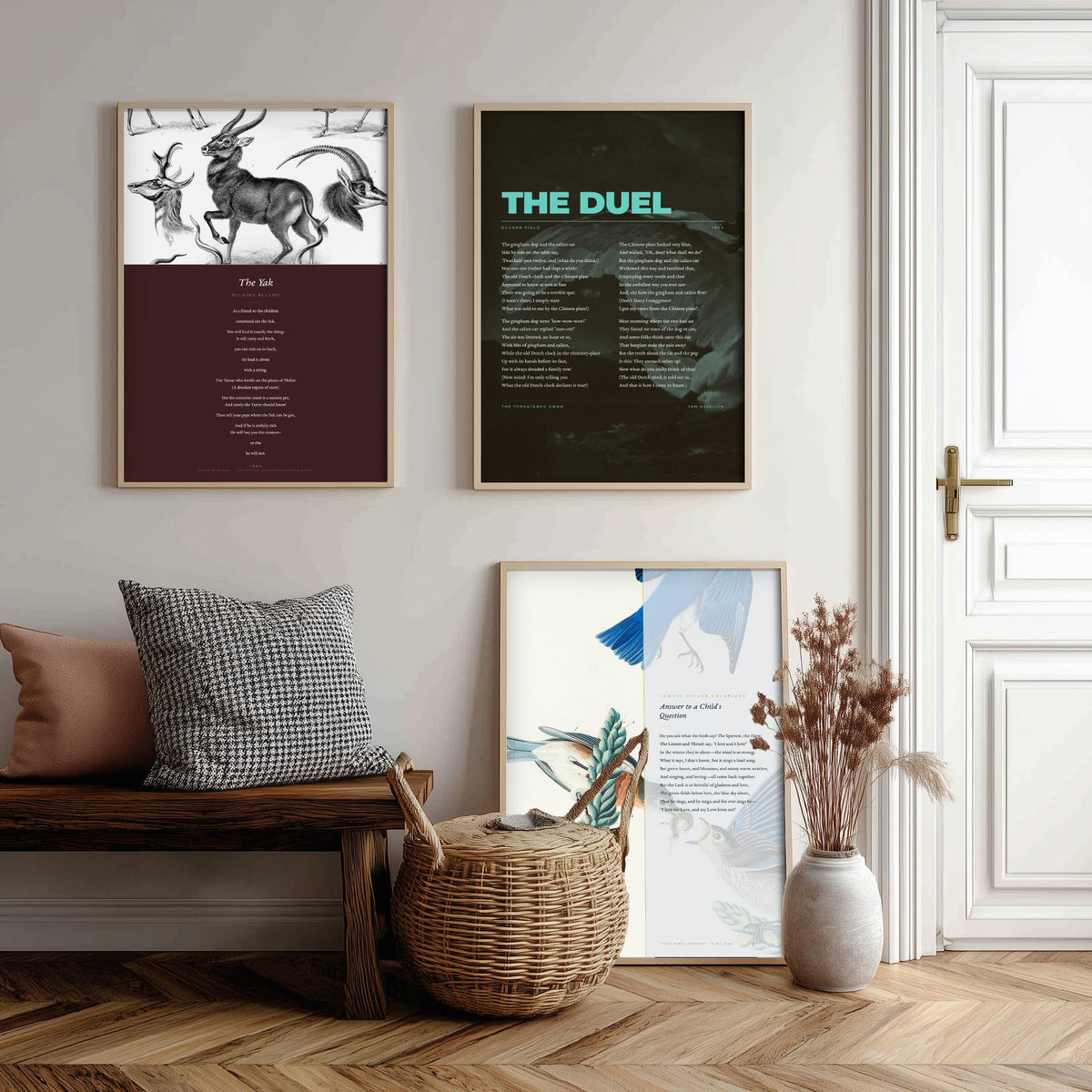 Animal Poems Set of Three Art Prints - The Yak, The Duel, Answer to a Childs Question - Poems over Classic Illustrations - Poetry Poster
