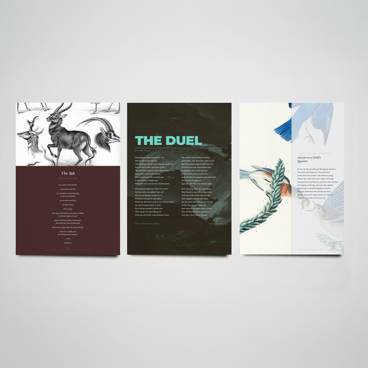 Animal Poems Set of Three Art Prints - The Yak, The Duel, Answer to a Childs Question - Poems over Classic Illustrations - Poetry Poster