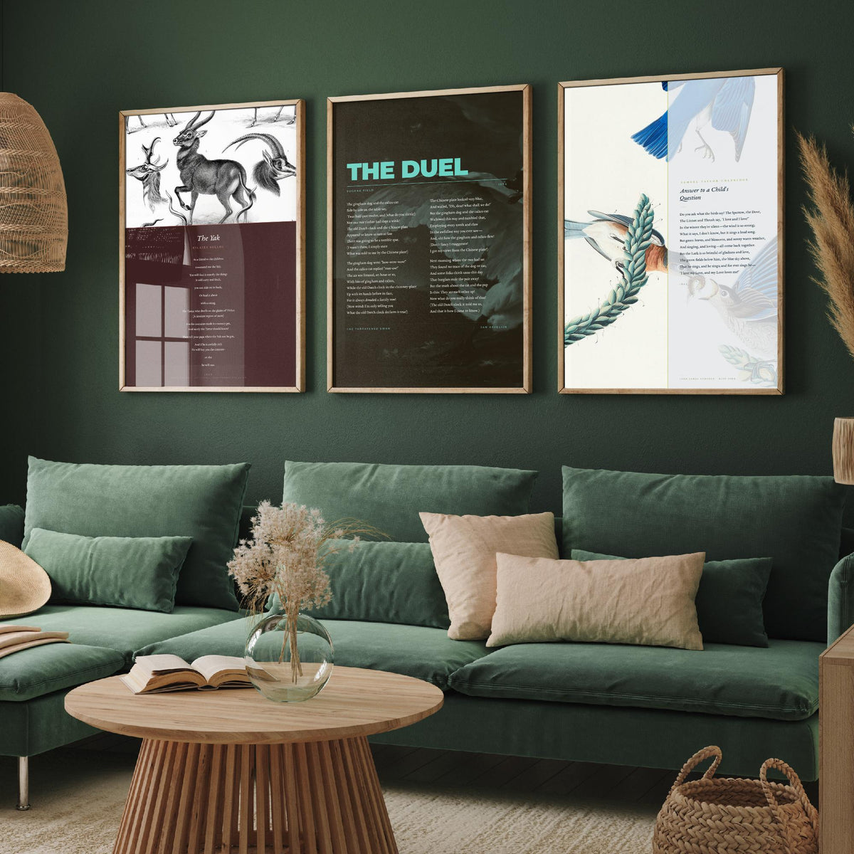 Animal Poems Set of Three Art Prints - The Yak, The Duel, Answer to a Childs Question - Poems over Classic Illustrations - Poetry Poster