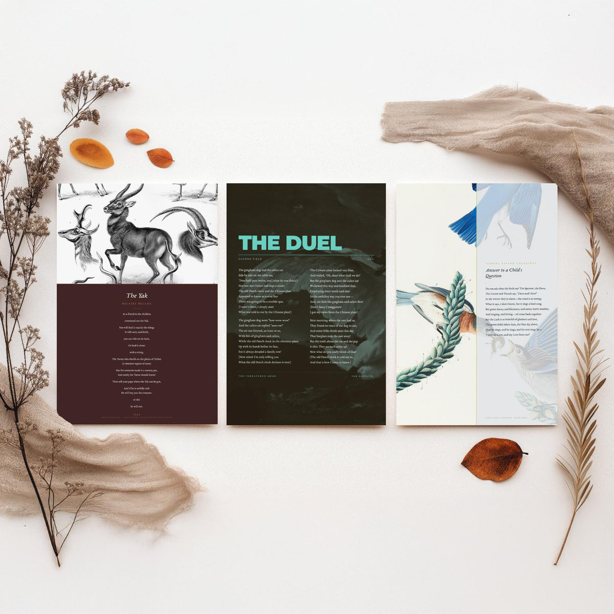 Animal Poems Set of Three Art Prints - The Yak, The Duel, Answer to a Childs Question - Poems over Classic Illustrations - Poetry Poster