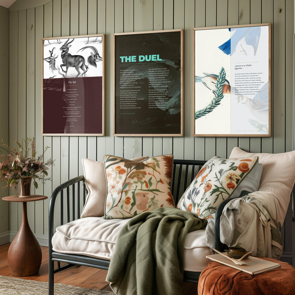 Animal Poems Set of Three Art Prints - The Yak, The Duel, Answer to a Childs Question - Poems over Classic Illustrations - Poetry Poster