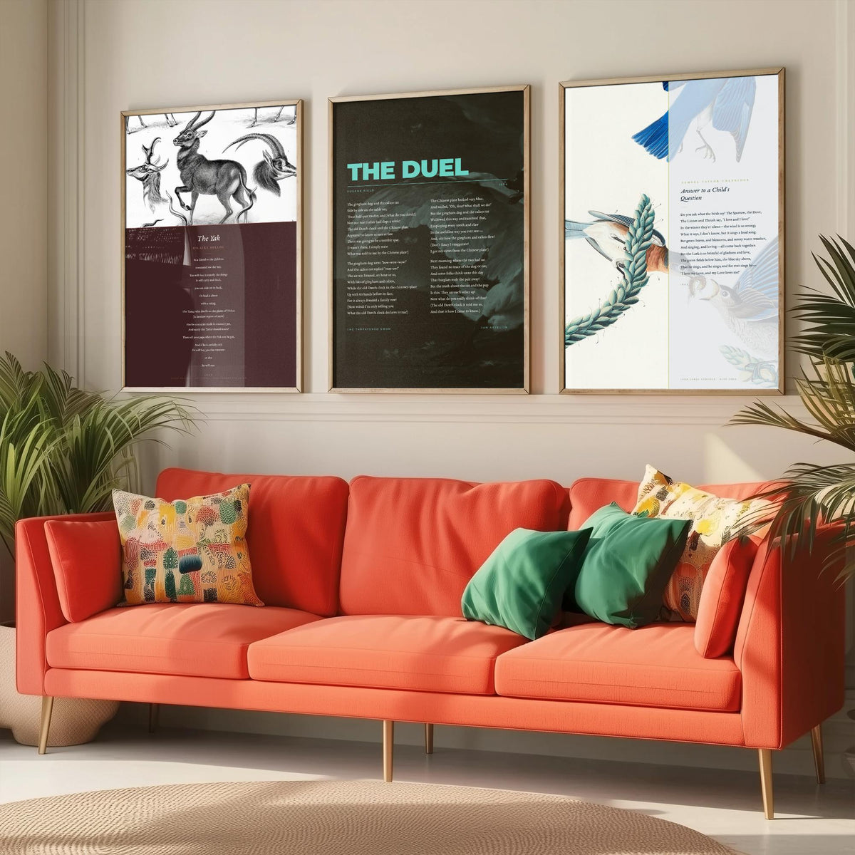 Animal Poems Set of Three Art Prints - The Yak, The Duel, Answer to a Childs Question - Poems over Classic Illustrations - Poetry Poster