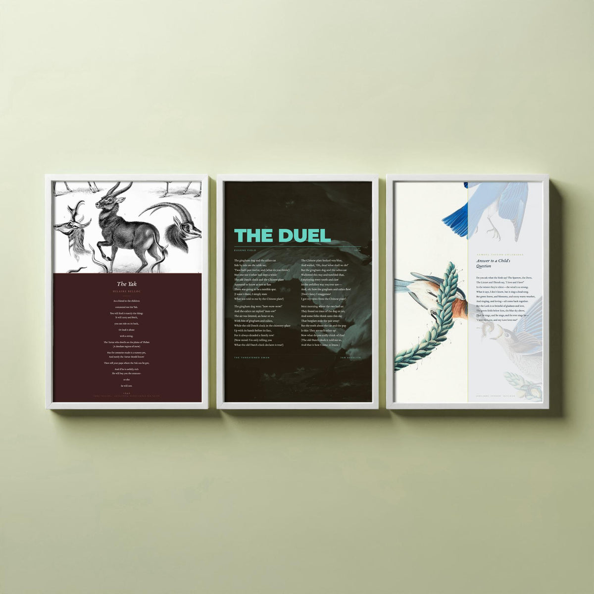 Animal Poems Set of Three Art Prints - The Yak, The Duel, Answer to a Childs Question - Poems over Classic Illustrations - Poetry Poster