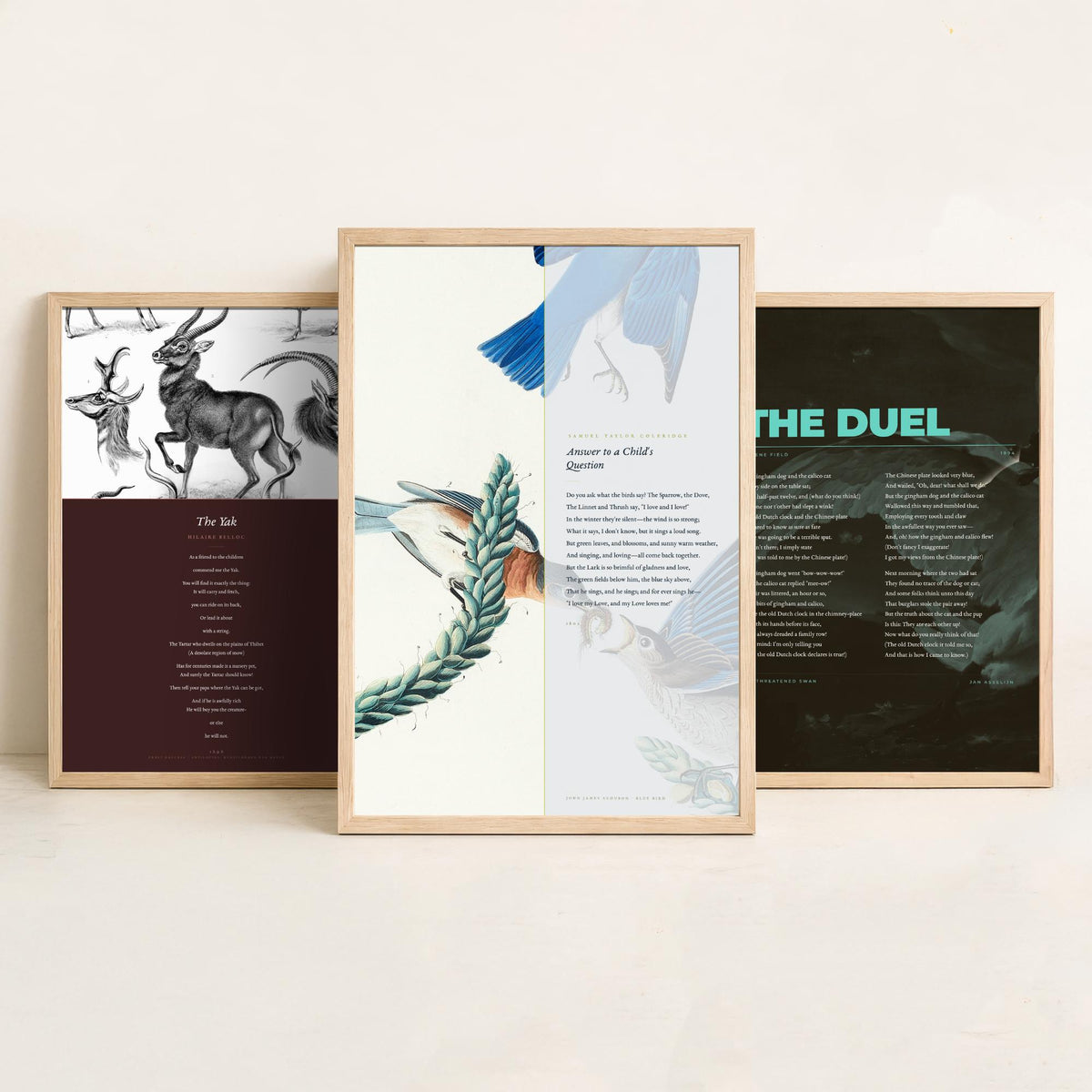 Animal Poems Set of Three Art Prints - The Yak, The Duel, Answer to a Childs Question - Poems over Classic Illustrations - Poetry Poster