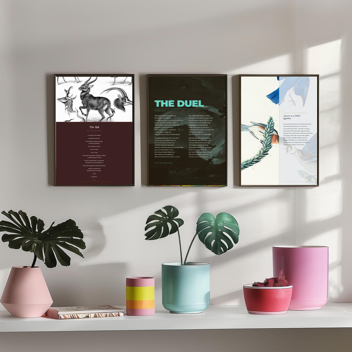 Animal Poems Set of Three Art Prints - The Yak, The Duel, Answer to a Childs Question - Poems over Classic Illustrations - Poetry Poster