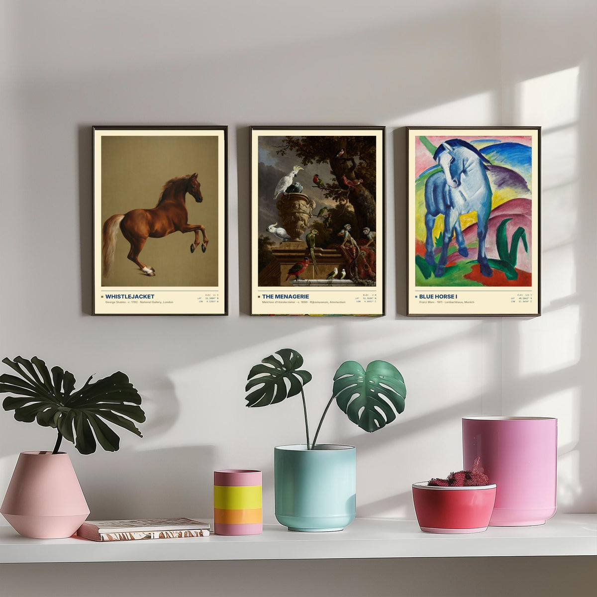 Animal Portraits Set of Three Art Prints - Whistlejacket, Menagerie, Blue Horse I - Stubbs Hondecoeter Marc Gallery Posters - Paintings