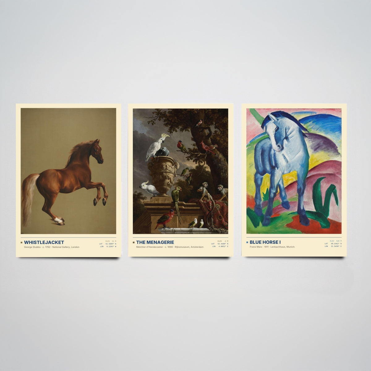 Animal Portraits Set of Three Art Prints - Whistlejacket, Menagerie, Blue Horse I - Stubbs Hondecoeter Marc Gallery Posters - Paintings