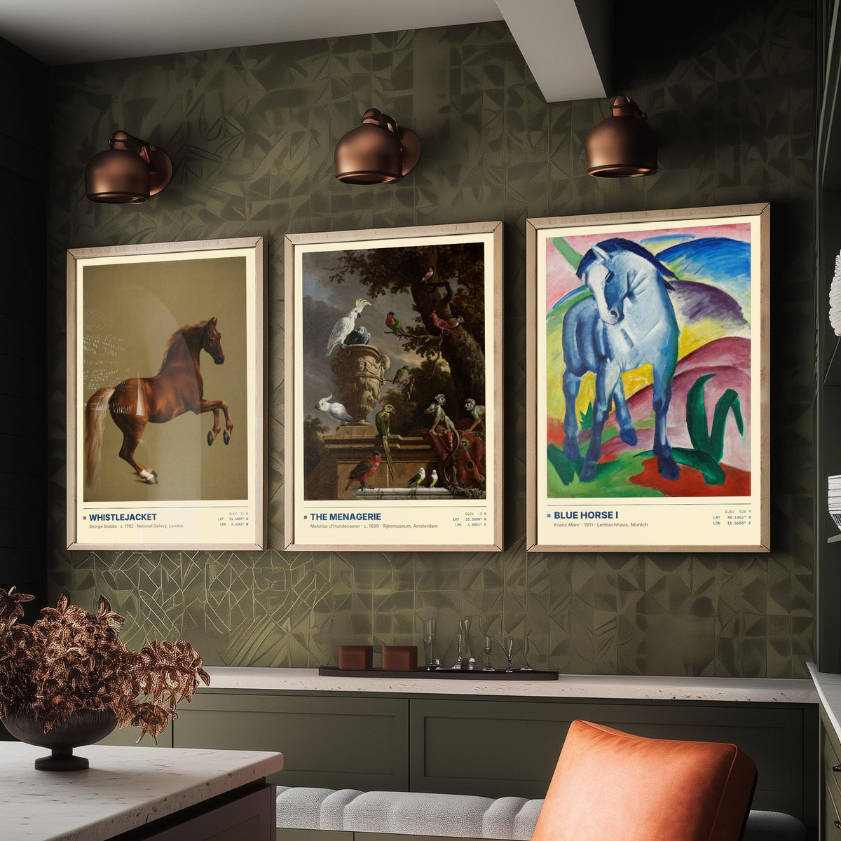 Animal Portraits Set of Three Art Prints - Whistlejacket, Menagerie, Blue Horse I - Stubbs Hondecoeter Marc Gallery Posters - Paintings