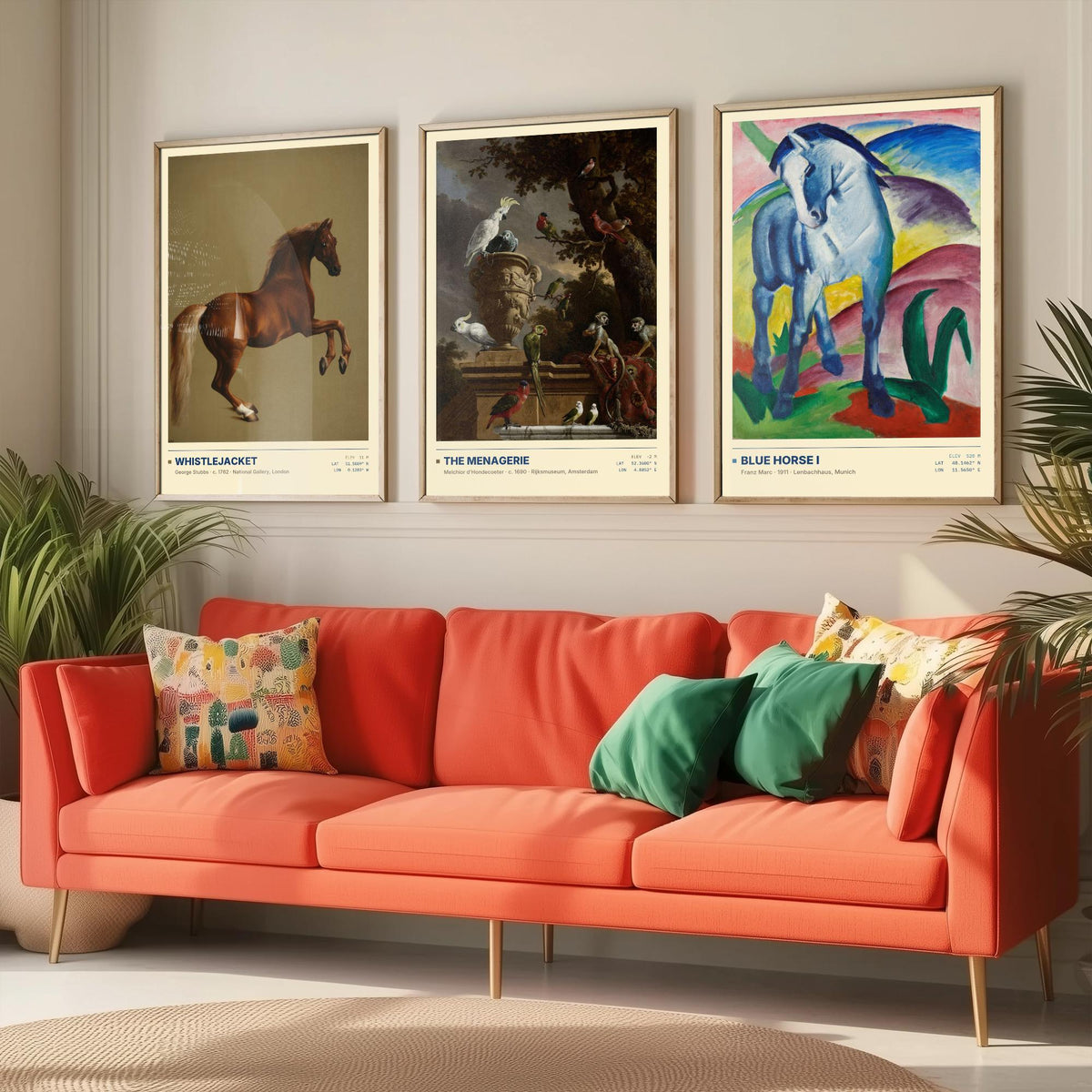 Animal Portraits Set of Three Art Prints - Whistlejacket, Menagerie, Blue Horse I - Stubbs Hondecoeter Marc Gallery Posters - Paintings