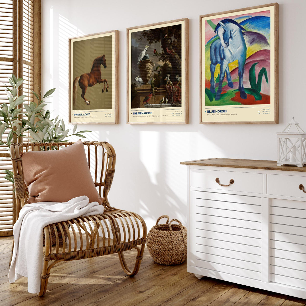 Animal Portraits Set of Three Art Prints - Whistlejacket, Menagerie, Blue Horse I - Stubbs Hondecoeter Marc Gallery Posters - Paintings