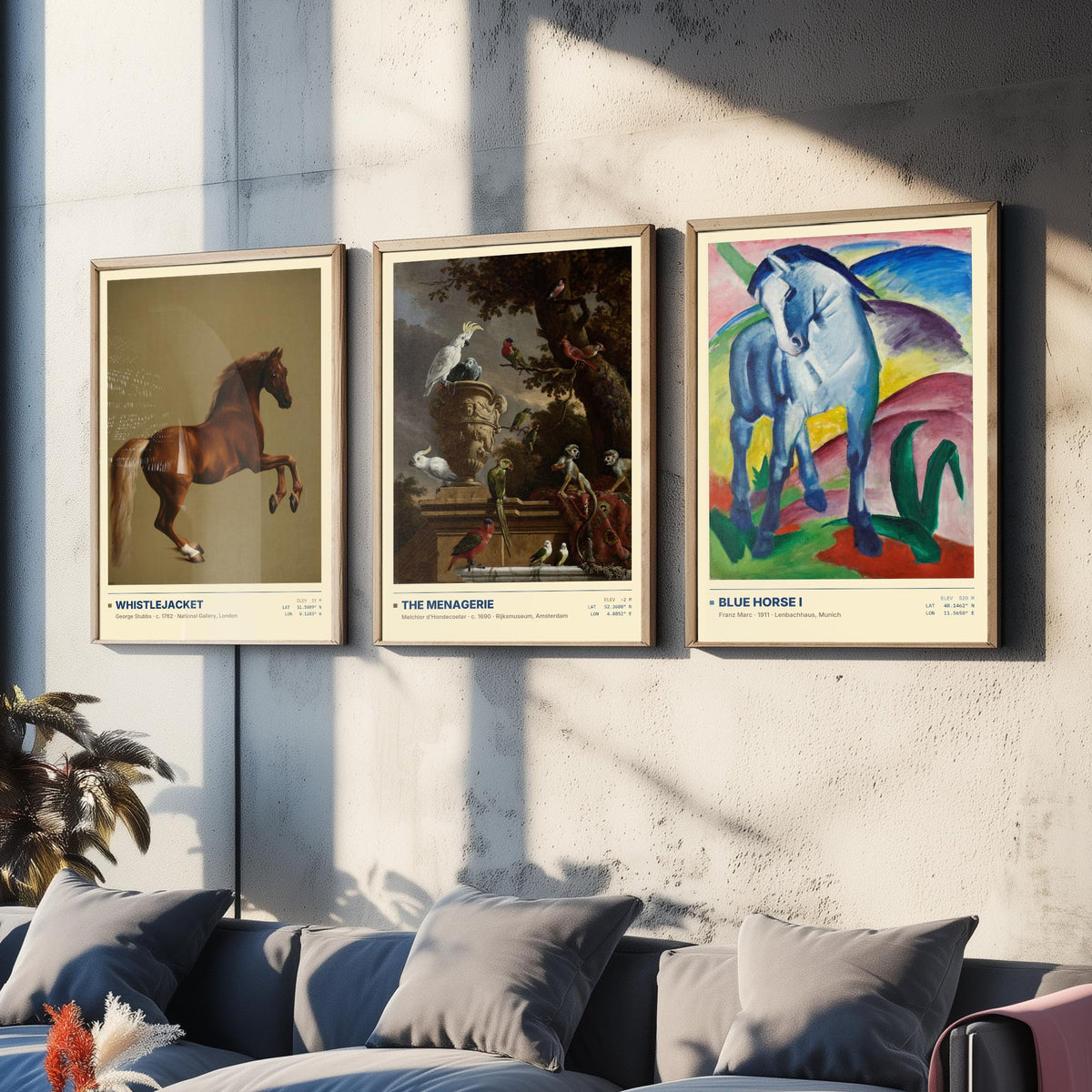 Animal Portraits Set of Three Art Prints - Whistlejacket, Menagerie, Blue Horse I - Stubbs Hondecoeter Marc Gallery Posters - Paintings