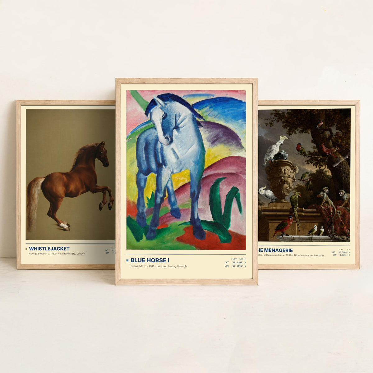 Animal Portraits Set of Three Art Prints - Whistlejacket, Menagerie, Blue Horse I - Stubbs Hondecoeter Marc Gallery Posters - Paintings