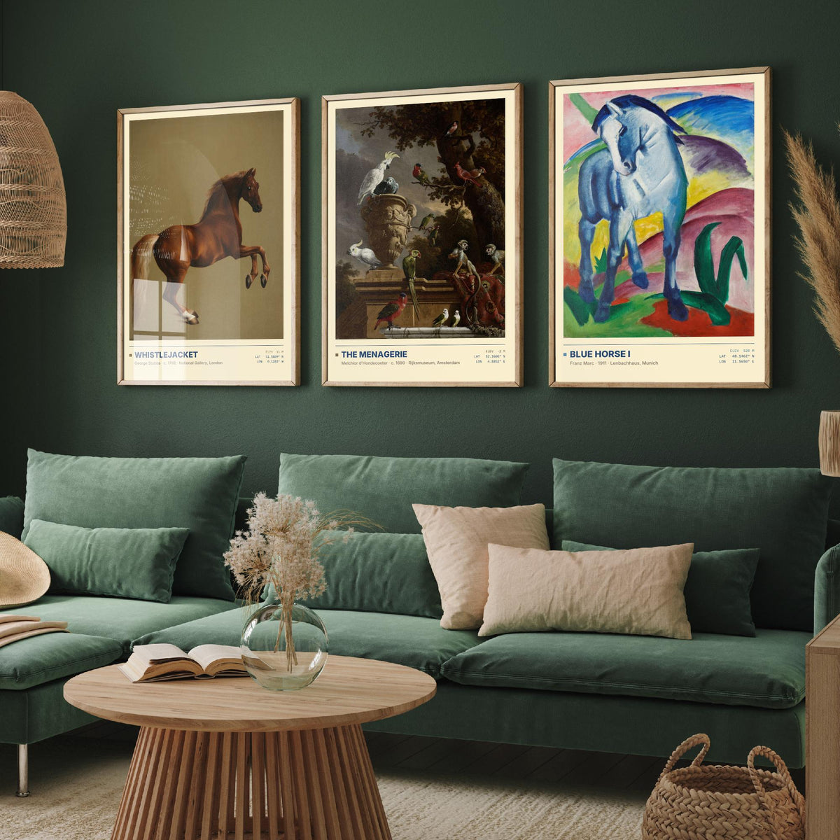 Animal Portraits Set of Three Art Prints - Whistlejacket, Menagerie, Blue Horse I - Stubbs Hondecoeter Marc Gallery Posters - Paintings
