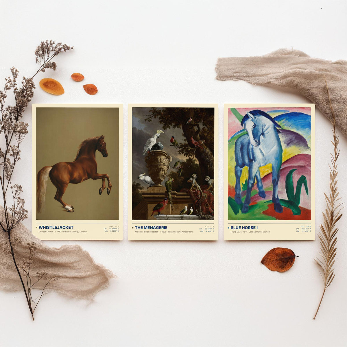 Animal Portraits Set of Three Art Prints - Whistlejacket, Menagerie, Blue Horse I - Stubbs Hondecoeter Marc Gallery Posters - Paintings