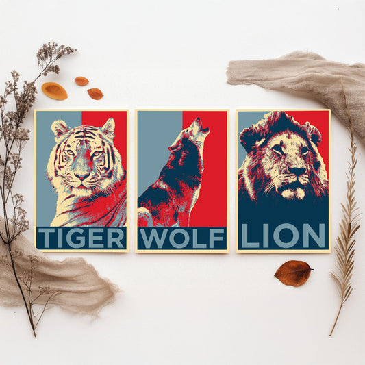 Animal Predators Set of Three Art Prints - Tiger, Wolf, Lion - Retro Red and Blue Pop Art Poster Illustration