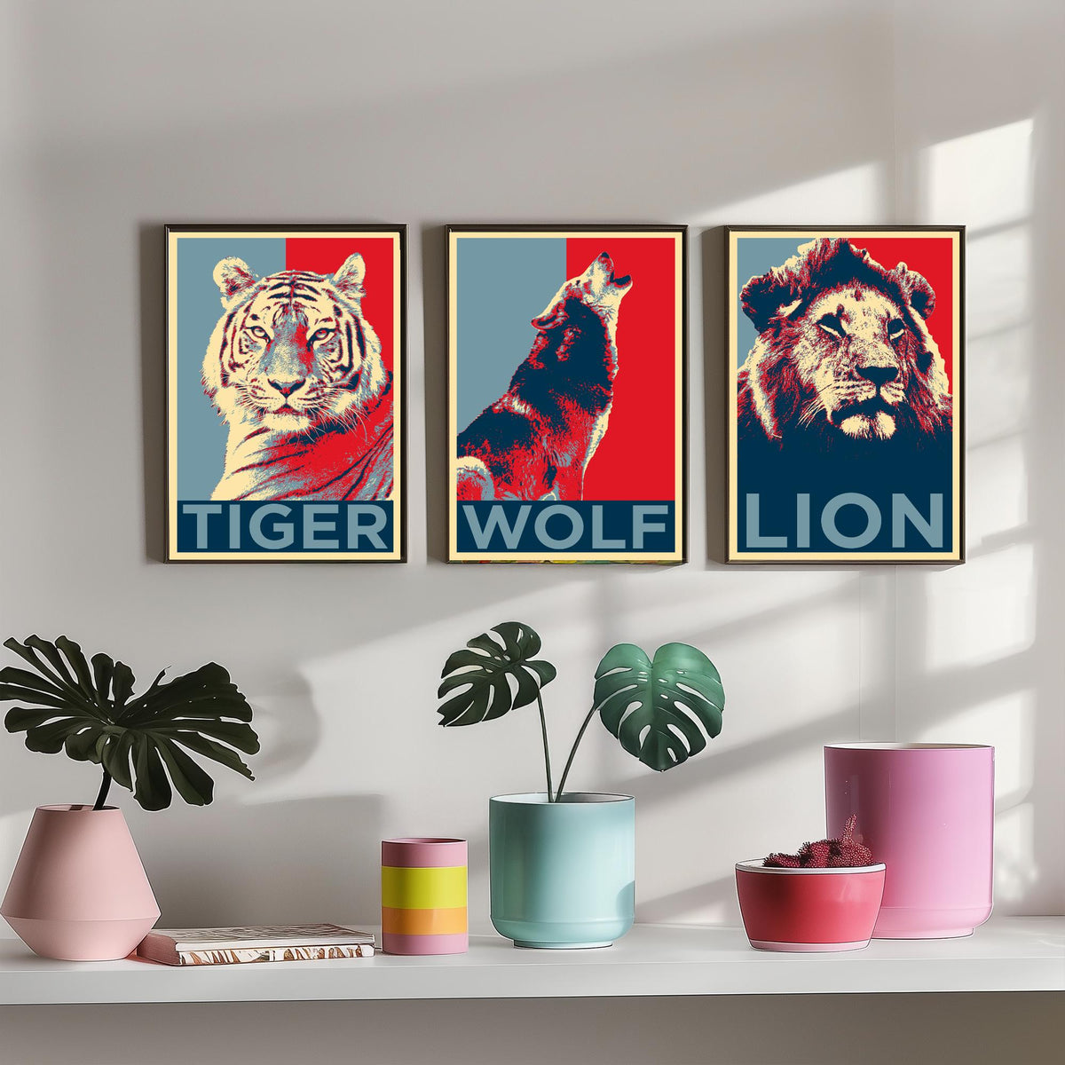 Animal Predators Set of Three Art Prints - Tiger, Wolf, Lion - Retro Red and Blue Pop Art Poster Illustration