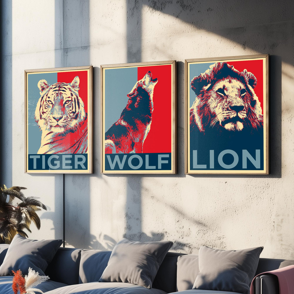 Animal Predators Set of Three Art Prints - Tiger, Wolf, Lion - Retro Red and Blue Pop Art Poster Illustration