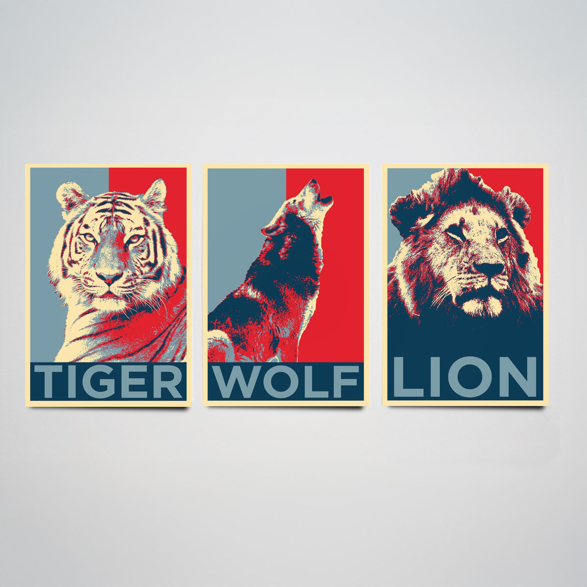 Animal Predators Set of Three Art Prints - Tiger, Wolf, Lion - Retro Red and Blue Pop Art Poster Illustration