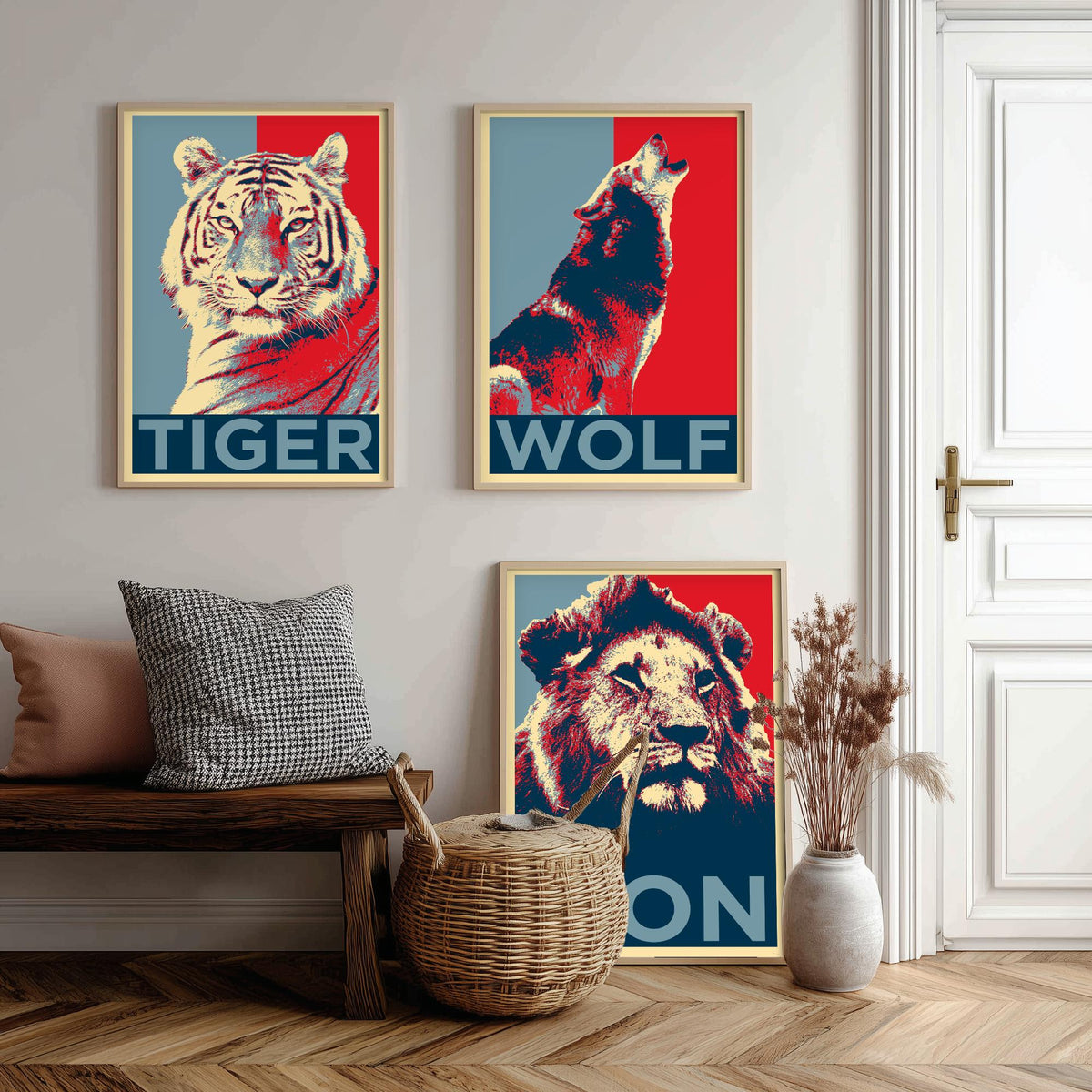 Animal Predators Set of Three Art Prints - Tiger, Wolf, Lion - Retro Red and Blue Pop Art Poster Illustration