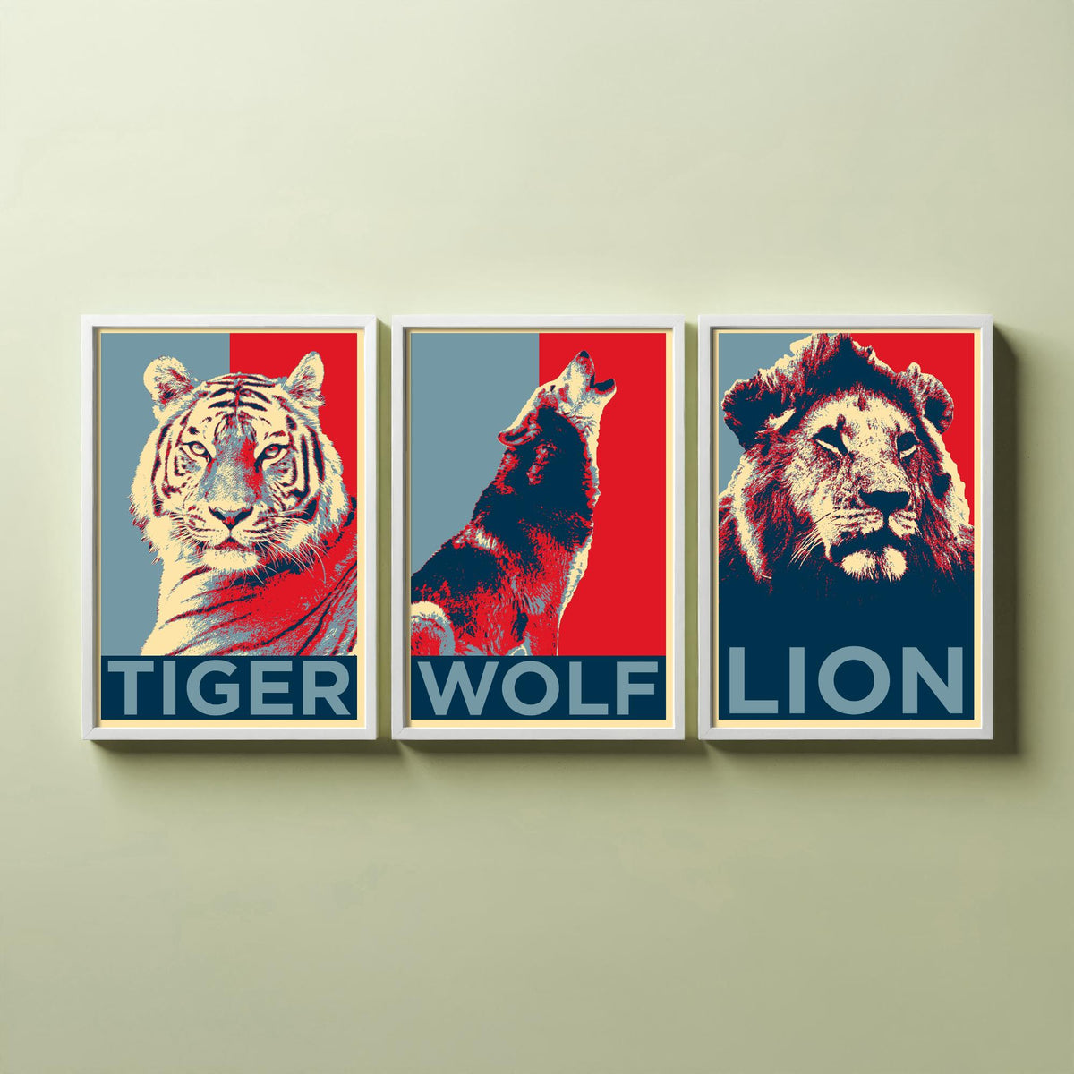 Animal Predators Set of Three Art Prints - Tiger, Wolf, Lion - Retro Red and Blue Pop Art Poster Illustration