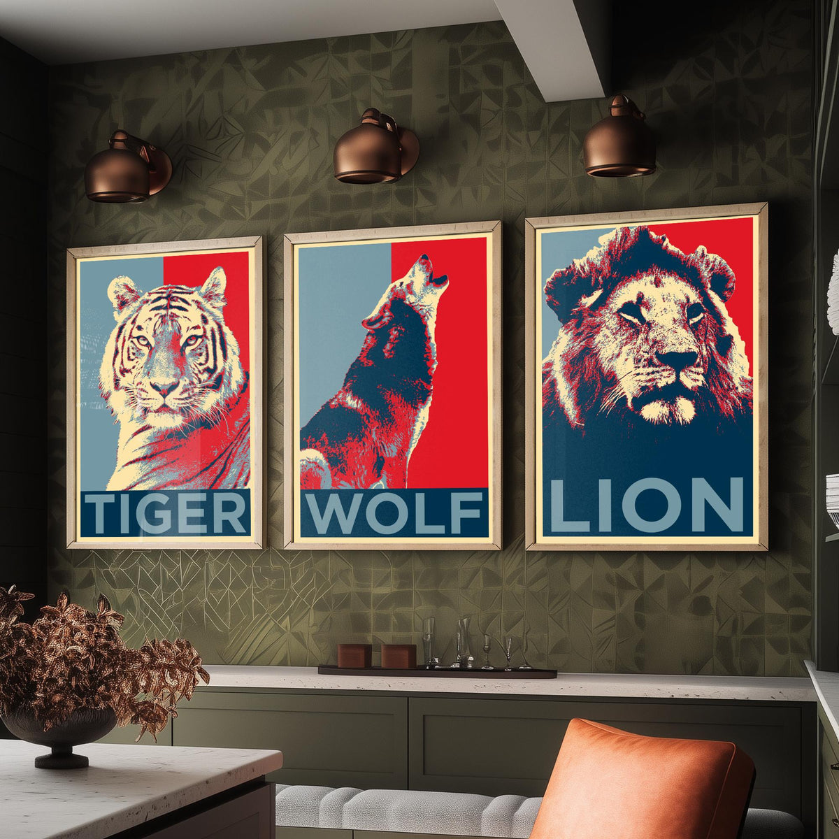 Animal Predators Set of Three Art Prints - Tiger, Wolf, Lion - Retro Red and Blue Pop Art Poster Illustration