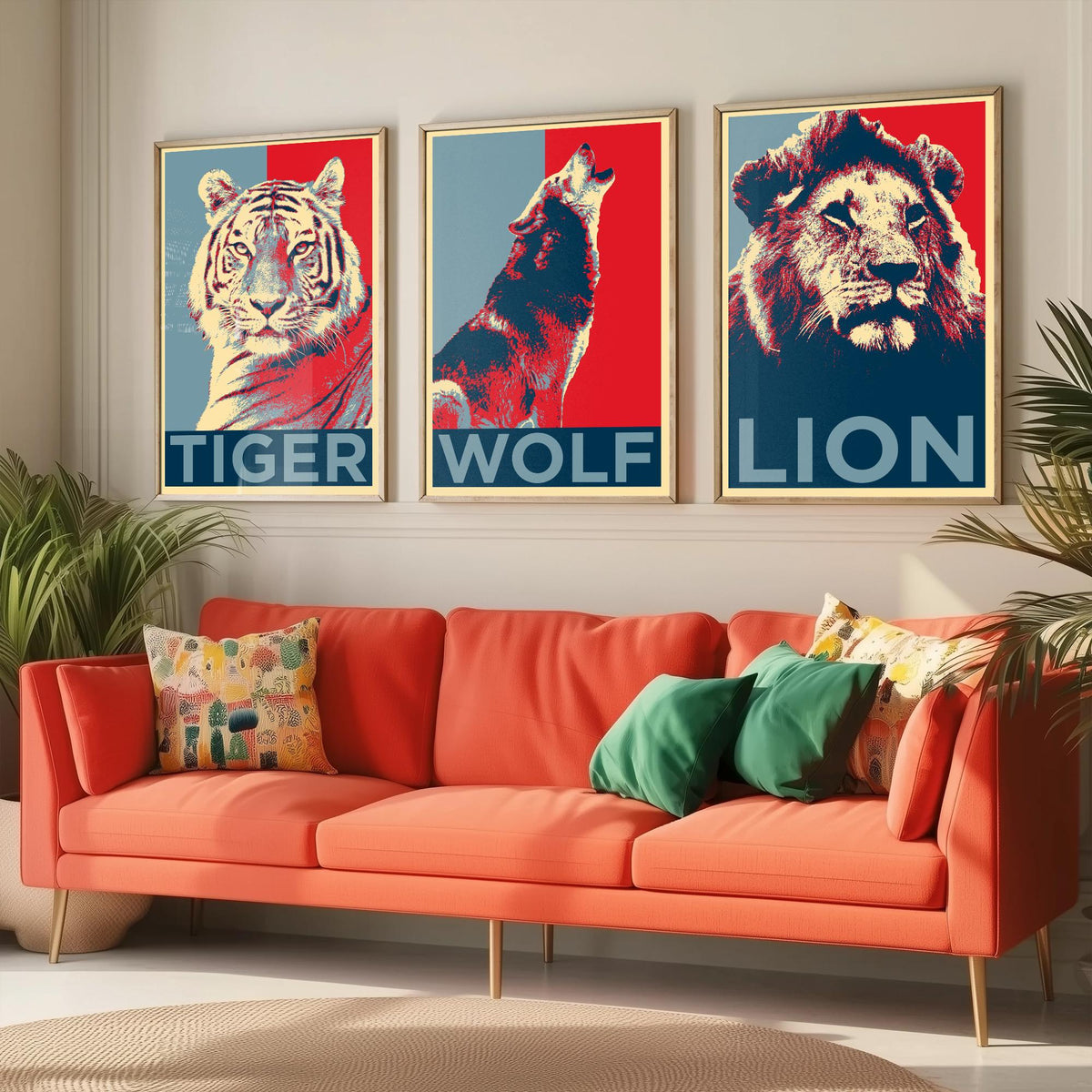 Animal Predators Set of Three Art Prints - Tiger, Wolf, Lion - Retro Red and Blue Pop Art Poster Illustration